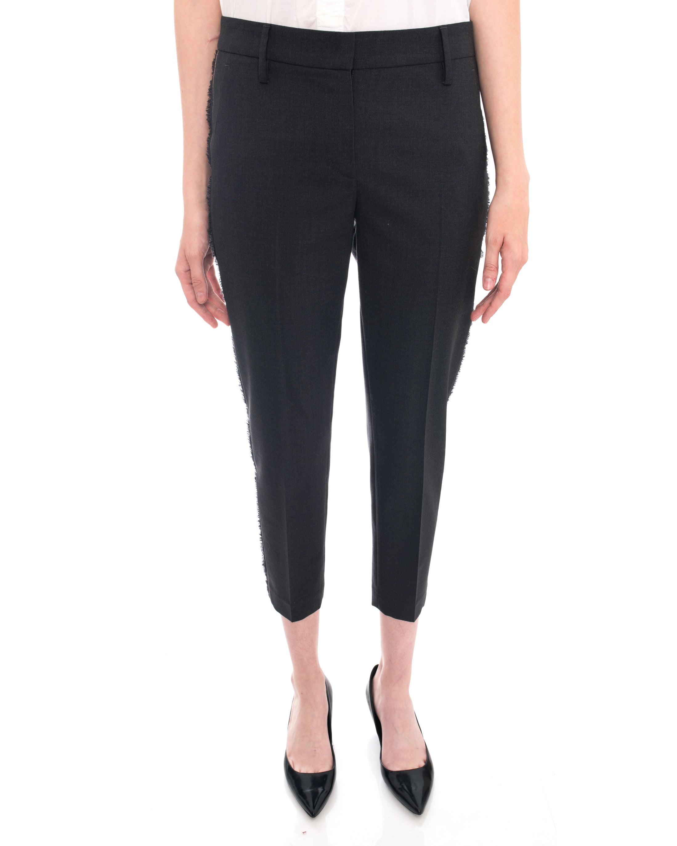 Brunello Cucinelli Charcoal Grey Beaded Fringe Trim Trousers - Elegant Casual Pants for Office & Evening Events