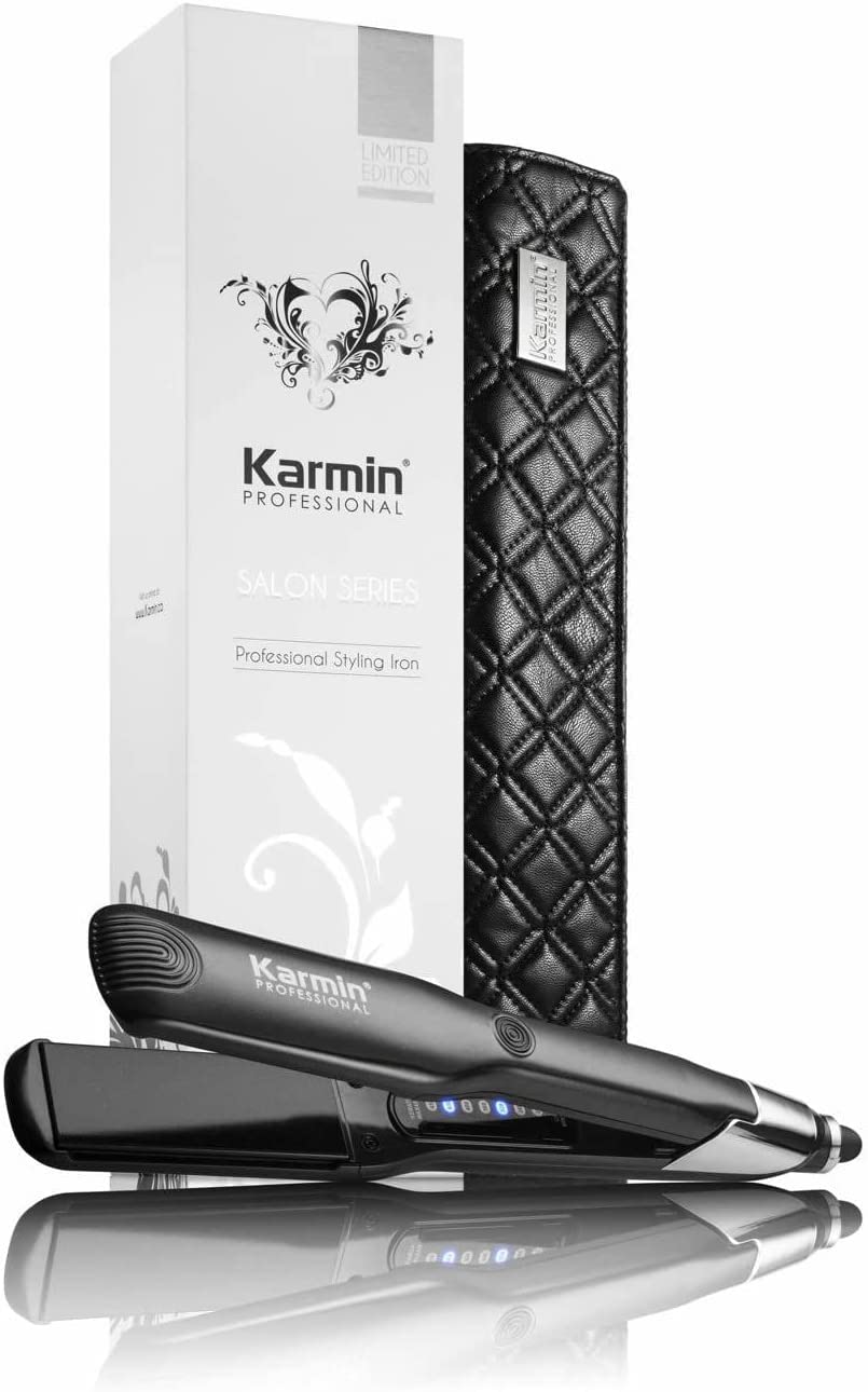 KARMIN Salon Series 1-inch Professional Ceramic Flat Iron Hair Straightener - Ionic Hair Straightener for Straightening, Curling & Waving - Dual Voltage with Auto Shut Off - Includes Travel Case & Heat Mat (Black) - Perfect for Home Use, Travel & Salon Styling