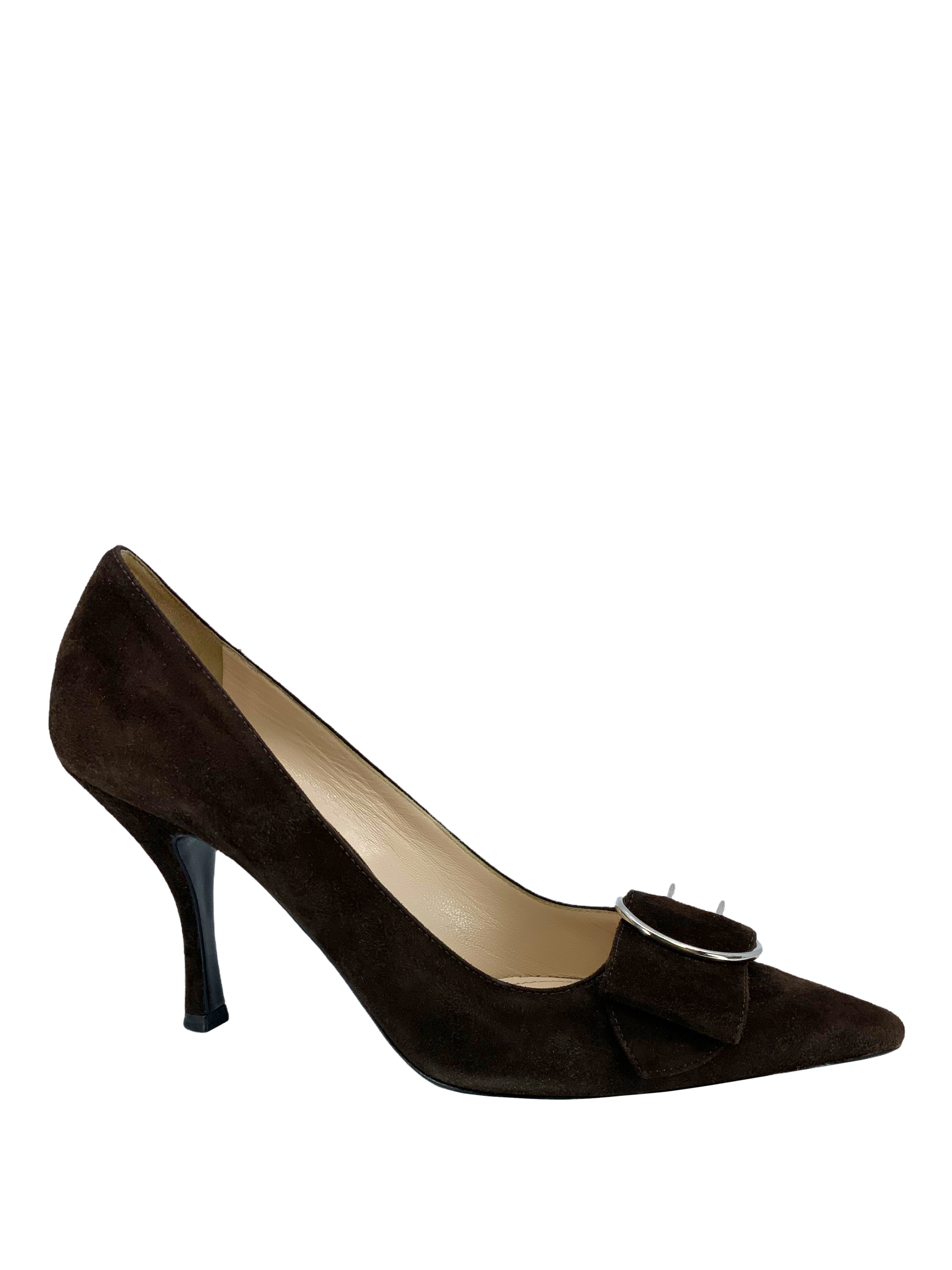 Prada Suede Buckle Pointed Toe Heels Women's Size 6.5 - Elegant Dress Shoes for Office, Party & Special Occasions