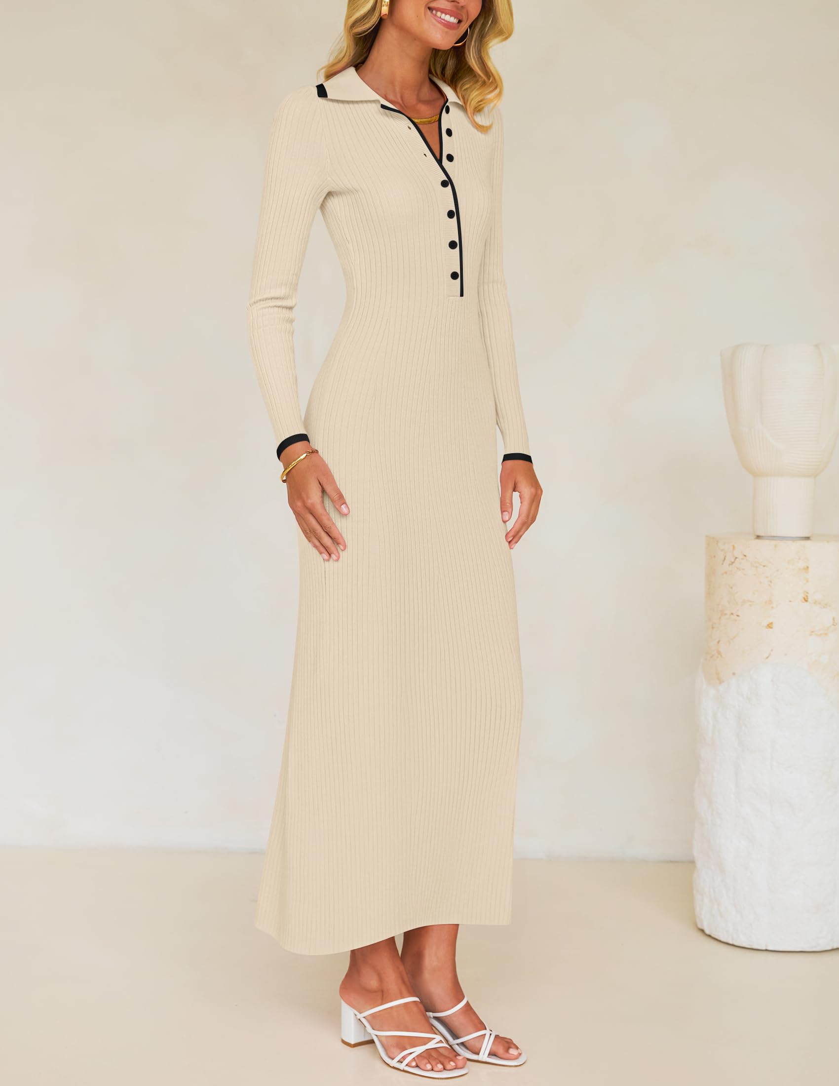 ZESICA Women's Long Sleeve Sweater Dress - V Neck Ribbed Knit Bodycon Maxi Dress for Spring 2025 | Casual, Formal & Cocktail Party Wear | Perfect for Office, Date Night and Special Occasions