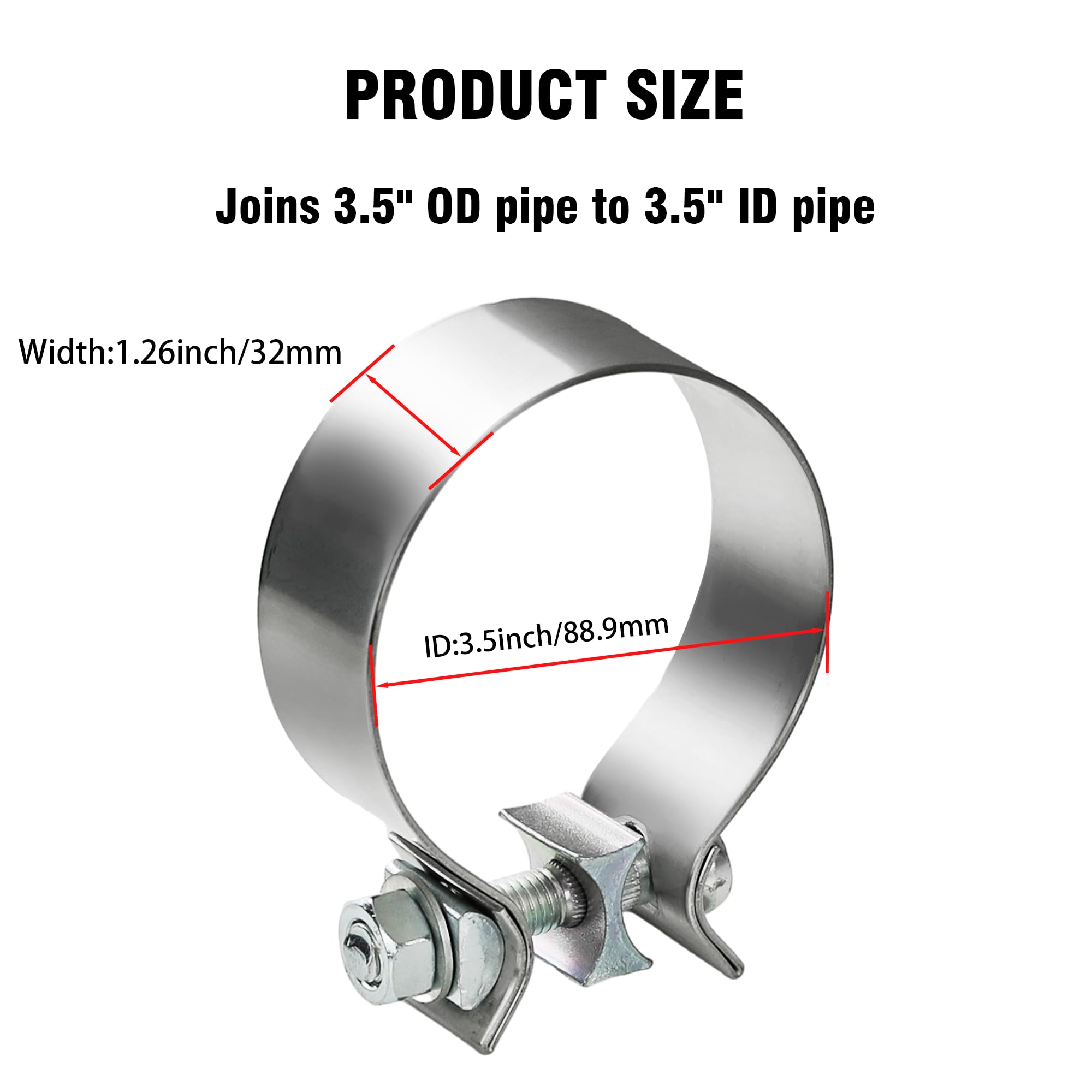 1 Pack Heavy Duty Stainless Steel Exhaust Band Clamp (3.5 Inch) - Butt Joint Sleeve for Automotive, Truck & RV Exhaust Pipe Repair & Maintenance