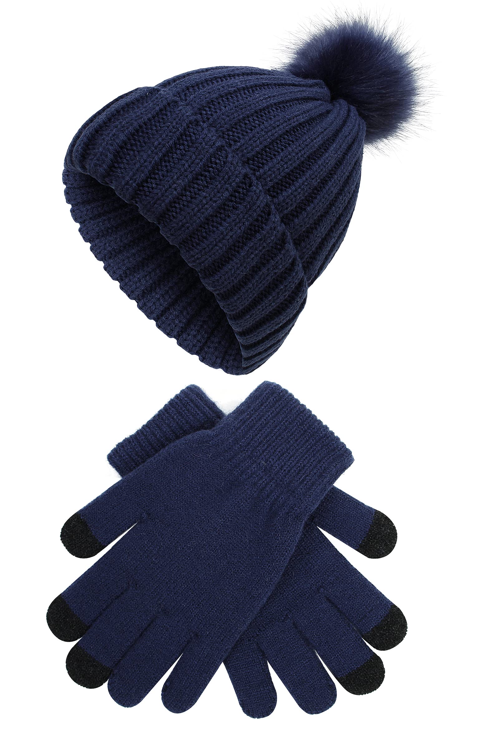 2 Pack Women's Winter Knitted Beanie Hat & Touchscreen Gloves Set - Warm Faux Fur Pom Pom Skull Cap for Cold Weather | Perfect for Skiing, Snowboarding & Outdoor Activities