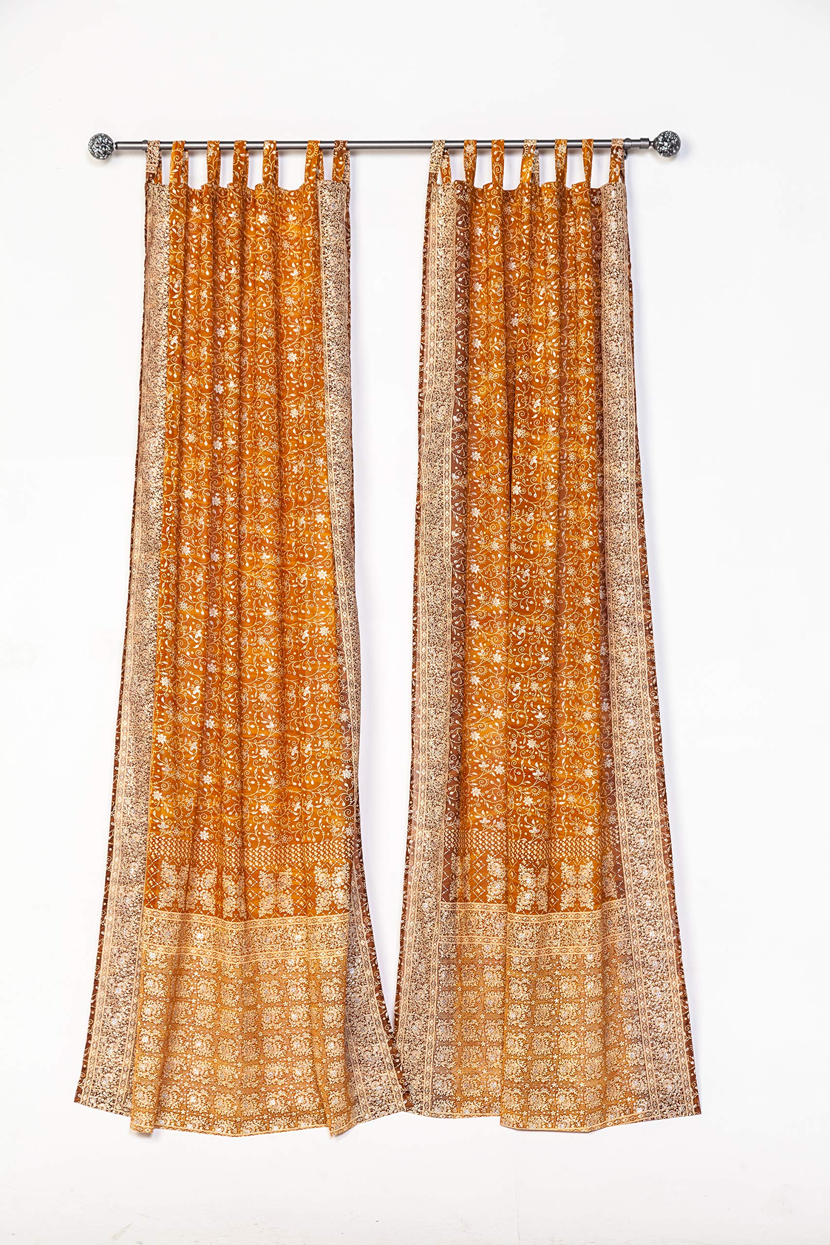 Boho Light-Filtering Sari Curtains Set of 2 - 96x42 Inch Colorful Window Drapes, Bed Canopy Panels & Wall Tapestry for Bedroom or Living Room Decor - Amber Gold with Free Tote Bag | Perfect for Bohemian Home Styling, Room Dividers and Cozy Window Treatments