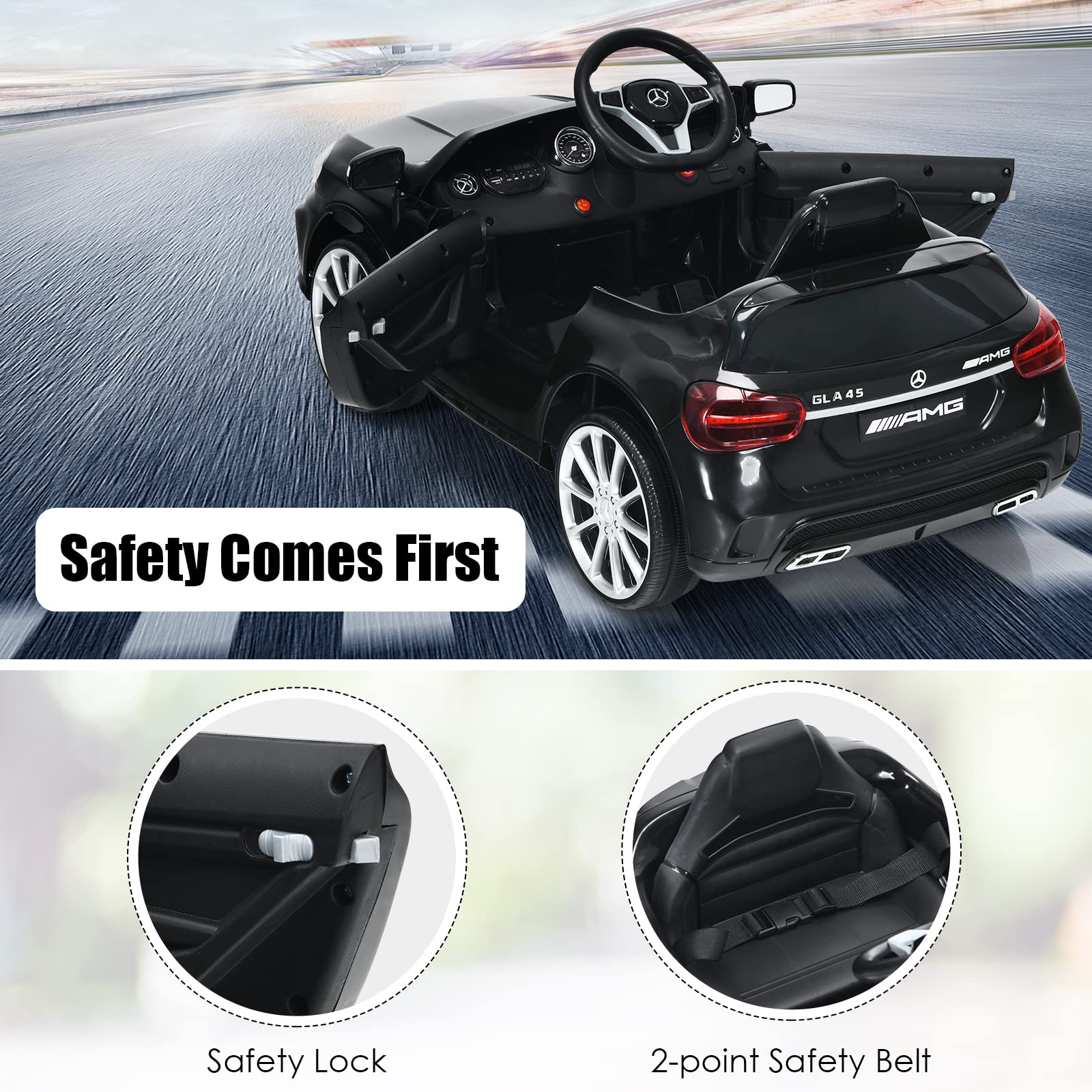 OLAKIDS 12V Licensed Mercedes Benz GLA45 Electric Ride On Car for Kids - Remote Control Battery Powered Toy with Music, USB, MP3, 2 Speeds, Wheels Suspension & LED Lights - Perfect for Indoor & Outdoor Play (Black)