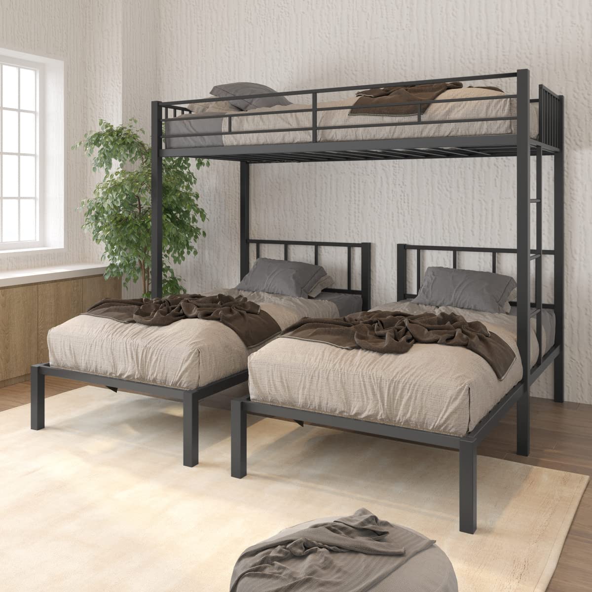 Triple Twin Bunk Bed - Convertible to 3 Separate Twin Beds | Sturdy Metal Bunk Bed for Kids & Teens | Space-Saving Solution for Bedrooms, Dorms & Guest Rooms | Black