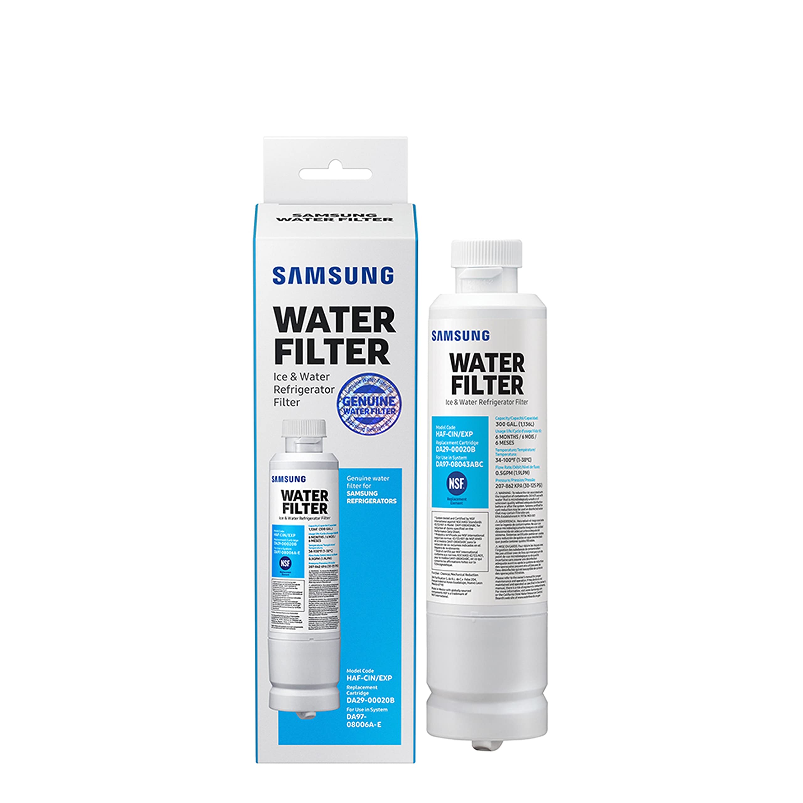 Samsung Genuine Refrigerator Water Filter HAF-CIN/EXP - Carbon Block Filtration for Clean Drinking Water & Ice, 6-Month Replacement, 1 Pack - Perfect for Home Kitchen, Office, and RV Use