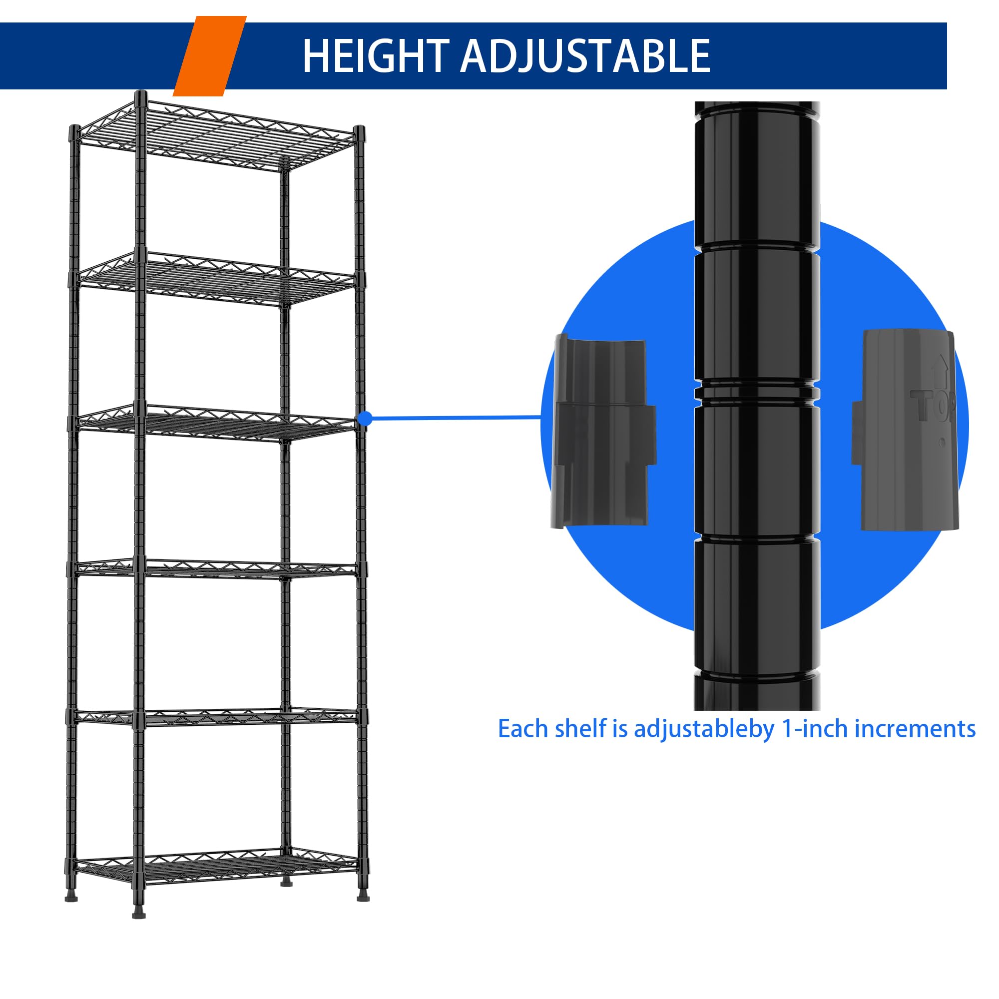 REGILLER 6-Tier Heavy Duty Steel Wire Shelving Unit - Adjustable Storage Rack for Laundry Room, Bathroom, Kitchen, Pantry & Closet Organization (Black, 11.7
