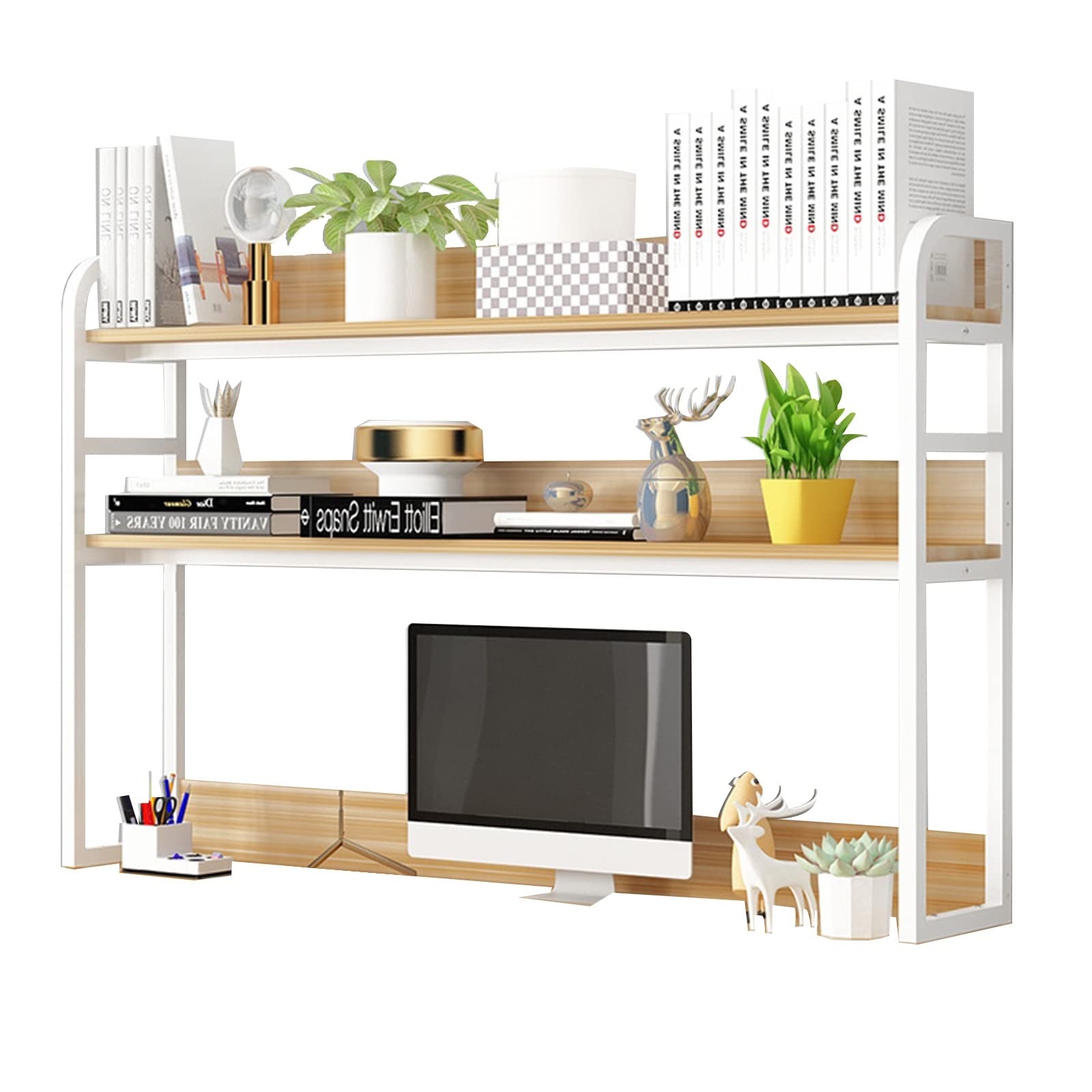 FPIGSHS 2 Tier Adjustable Countertop Hutch Bookshelf - Wood & Metal Desktop Storage Organizer for Office, Study, or Home - Perfect for Computer Desk, Books, and Decor Display (80cm, Color D)