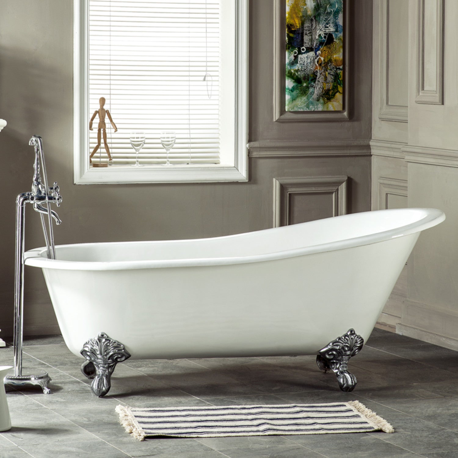 Aqua Eden 61 Inch White Cast Iron Clawfoot Bathtub - Oval Single Slipper Design with Polished Chrome Finish (No Faucet Holes) | Perfect for Vintage Bathrooms, Spa Retreats & Luxury Home Renovations