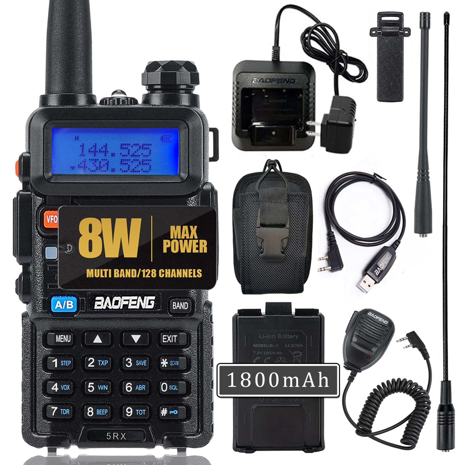 BAOFENG UV-5RX 8W Dual Band Walkie Talkies (144-148MHz & 430-450MHz) - Upgraded Ham Radio with 1800mAh Rechargeable Battery & Earpiece - Perfect for Outdoor Adventures, Construction Sites, and Emergency Communication