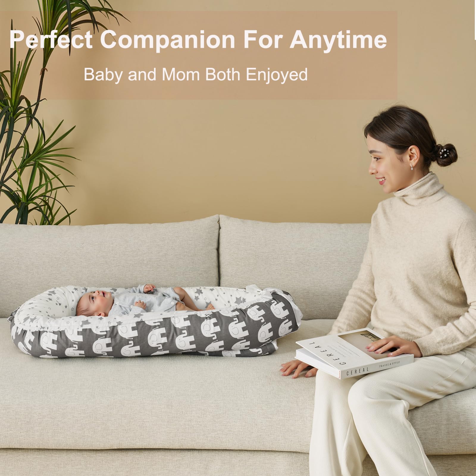 Soft Breathable Baby Lounger & Newborn Nest Bed - Portable Co-Sleeper Bassinet for Boys & Girls | Gray Elephant Design | Perfect for Nursery, Travel & On-the-Go Parenting