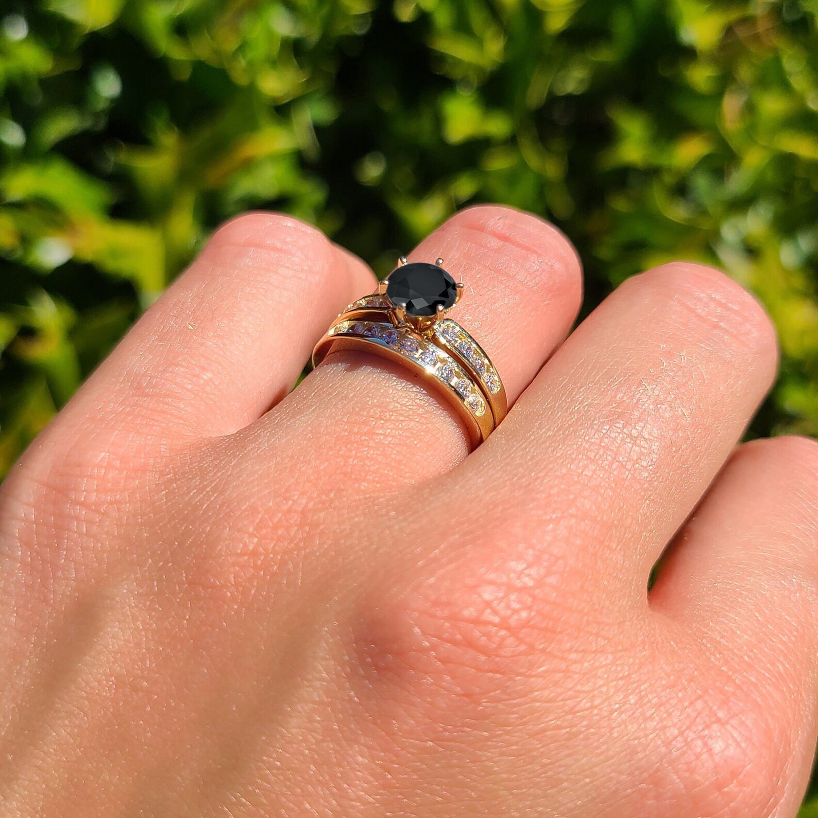 14K Yellow Gold Two-Piece Half Eternity Round Black CZ Cathedral Wedding Ring Set - Perfect for Bridal Jewelry, Anniversary Gifts & Special Occasions