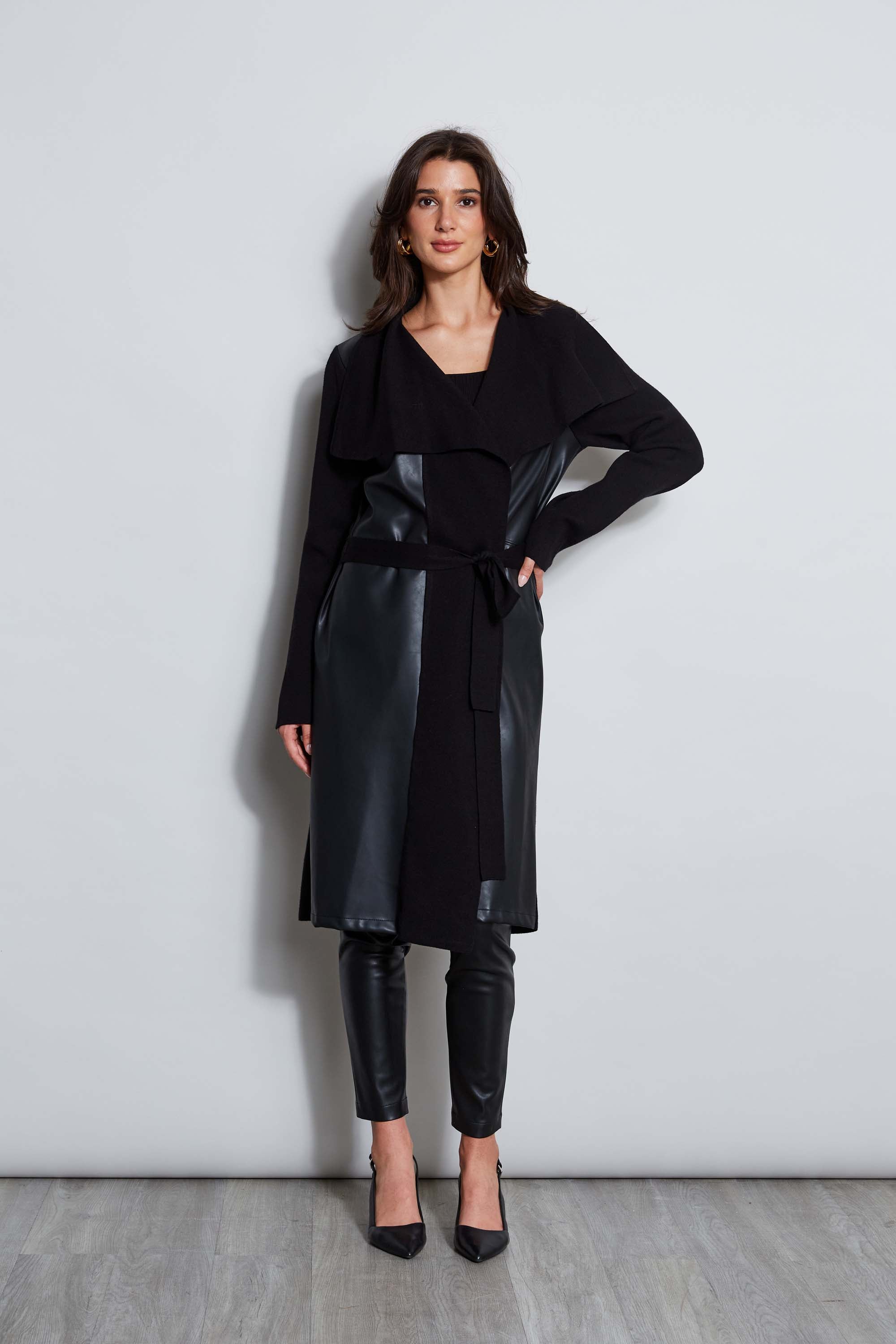 Tahari Vegan Leather Knit Jacket for Women - Stylish Faux Leather Cardigan with Knit Trim - Perfect for Office, Date Night & Fall Layering