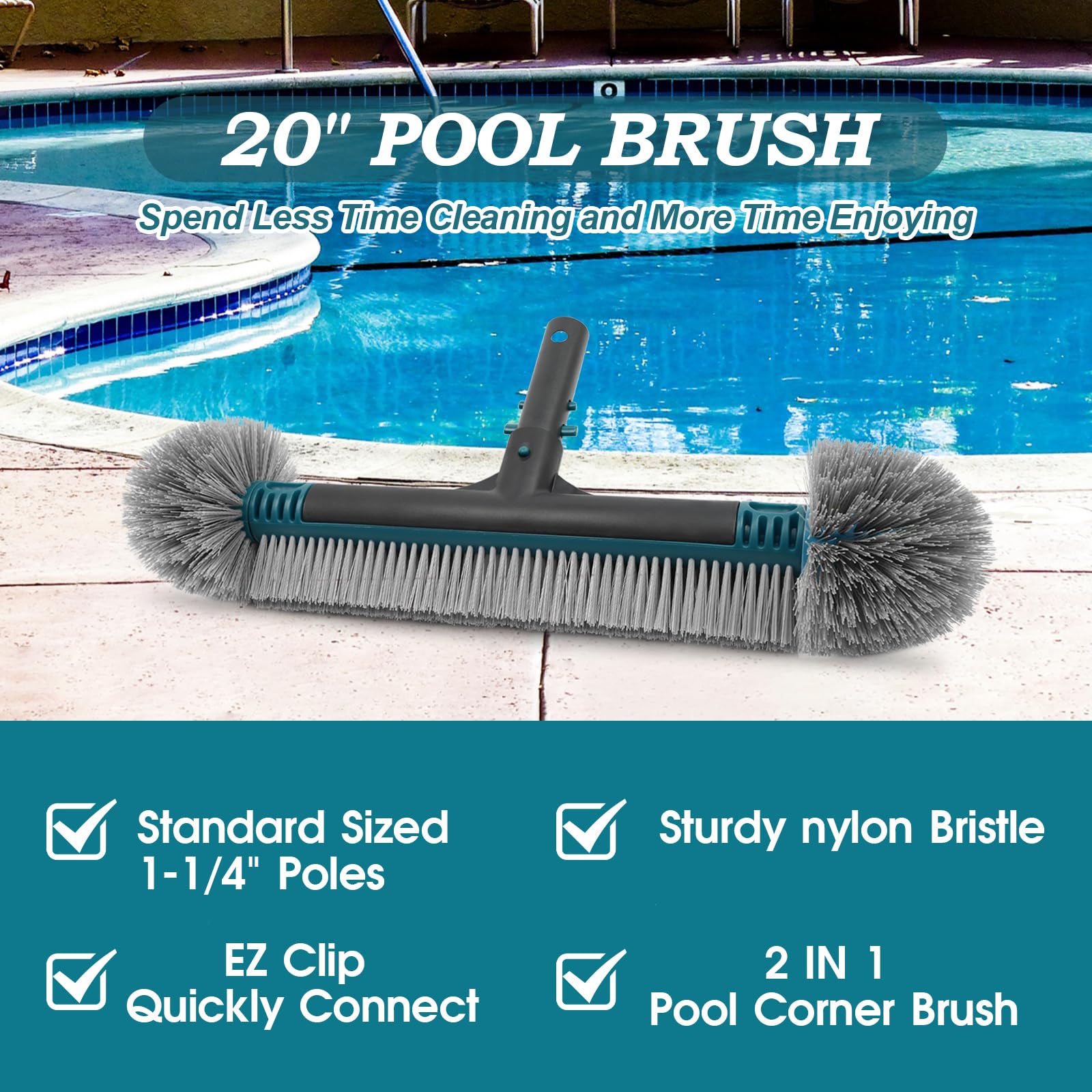20'' Pool Brush Head with Durable Nylon Bristles - Detachable Swimming Pool Cleaning Brush for Walls, Steps & Corners - EZ Clip Aluminum Handle - Perfect for Inground & Above Ground Pools