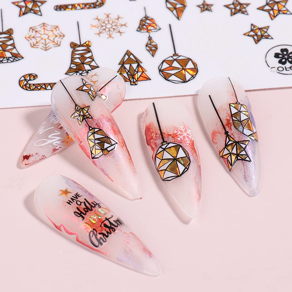 Doneace 3D Laser Nail Stickers - Christmas Nail Art Decals Kit (9PCS) with Gold Snowflake, Santa Claus & Reindeer Designs - DIY Nail Decorations for Women & Girls | Perfect for Holiday Parties, Gift Giving & Festive Nail Art