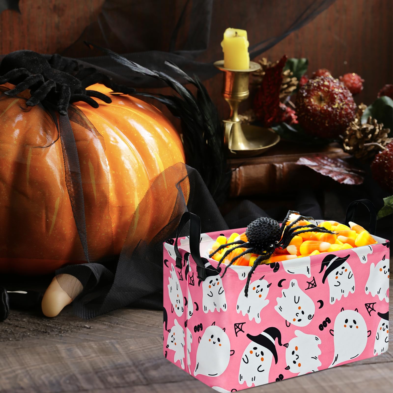 Pink Ghost Pattern Halloween Storage Basket - Canvas Storage Bin with Handles, Rectangle Storage Cube Organizer for Bedroom, Living Room, Office - Perfect for Holiday Decor, Gift Wrapping & Home Organization