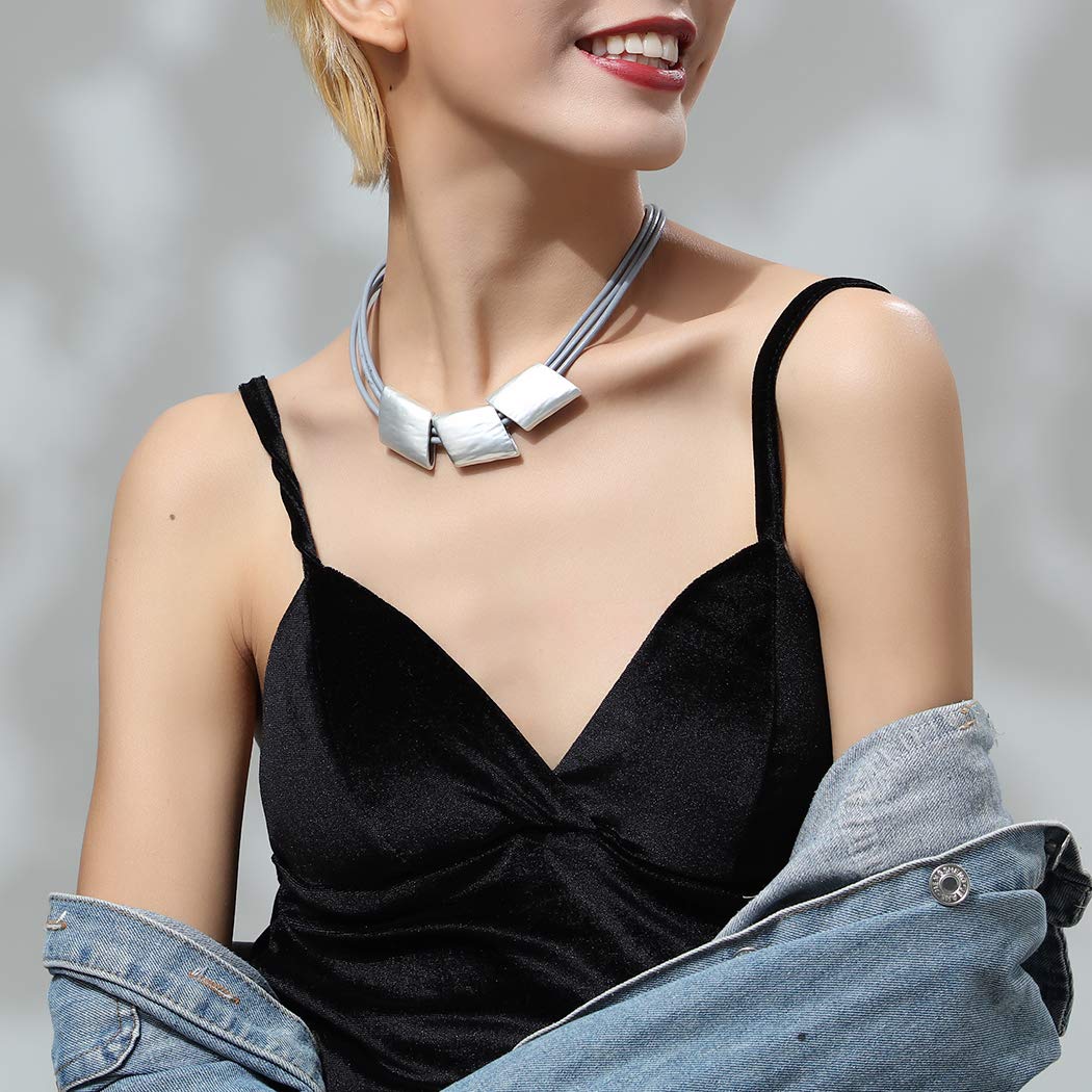 Grey Leather Choker Necklace for Women - Chunky Silver Pendant Fashion Jewelry | Gothic Punk Style, Layering Accessory, Gift Idea
