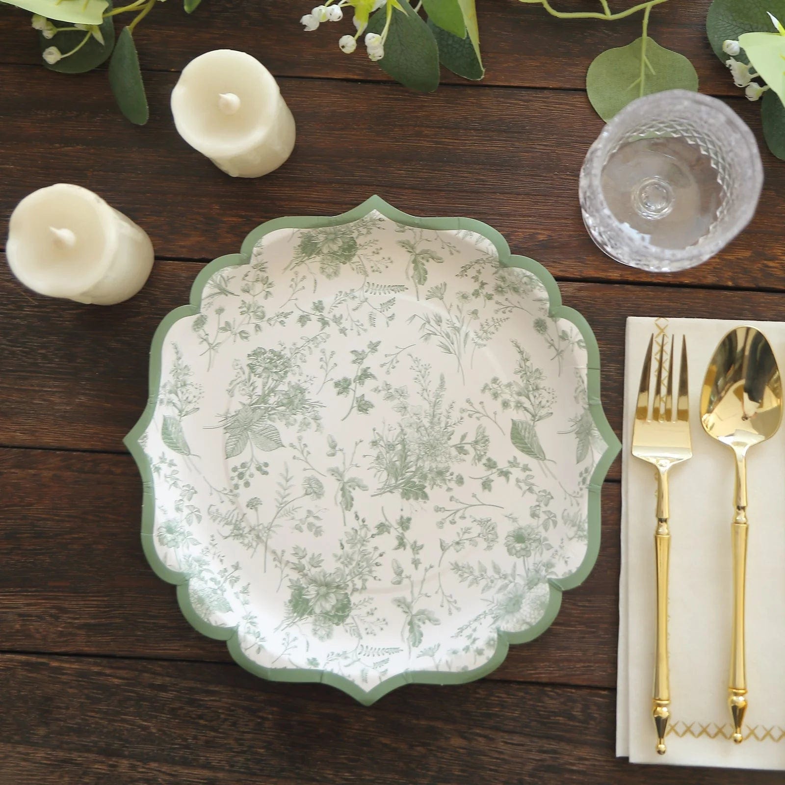 25-Pack White and Sage Green Floral Leaf Print Paper Plates with Scalloped Rim - Elegant Disposable Tableware for Weddings, Baby Showers & Garden Parties
