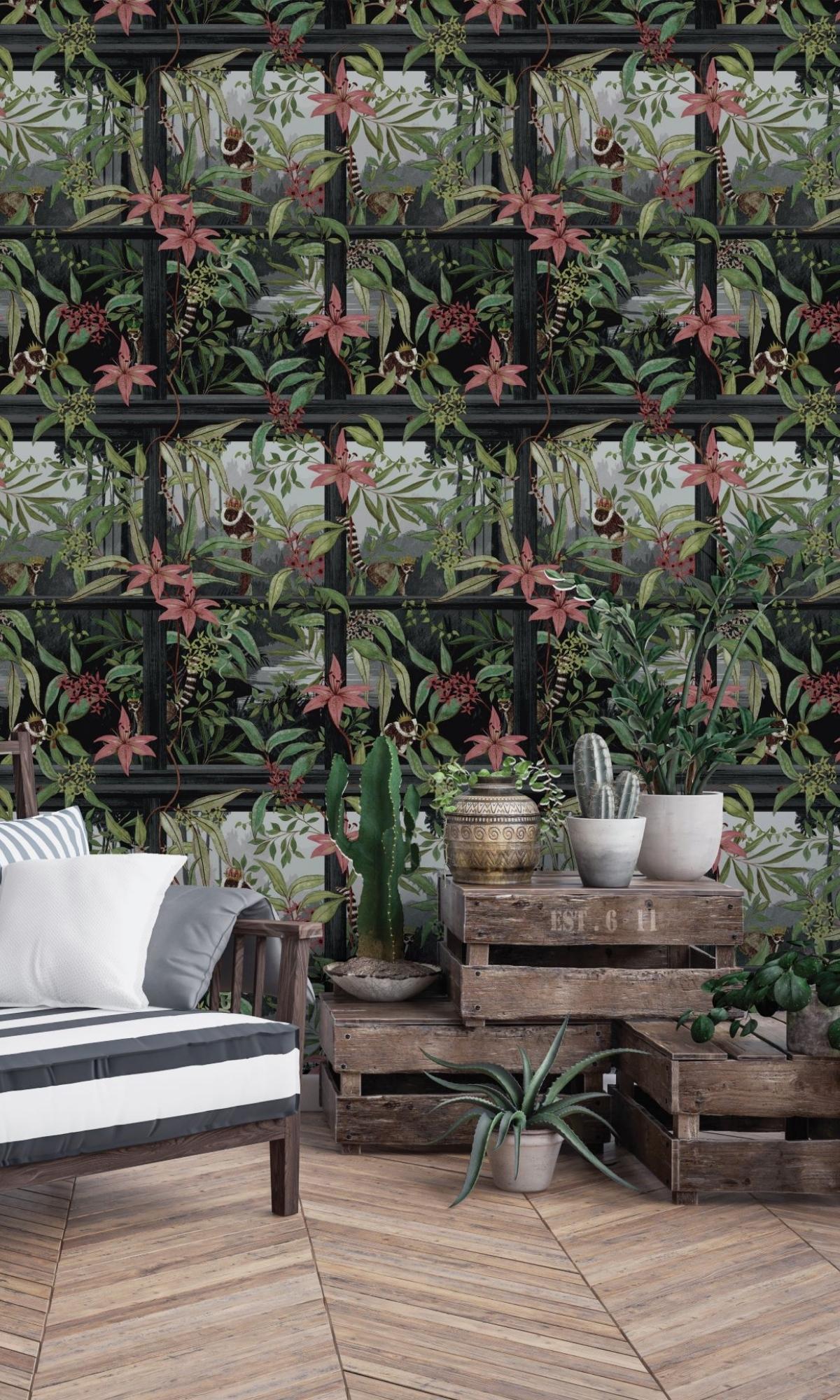 Charcoal Tropical Floral Foliage Wallpaper R7556 - Peel and Stick Removable Wallpaper for Bedroom, Living Room, Nursery Decor