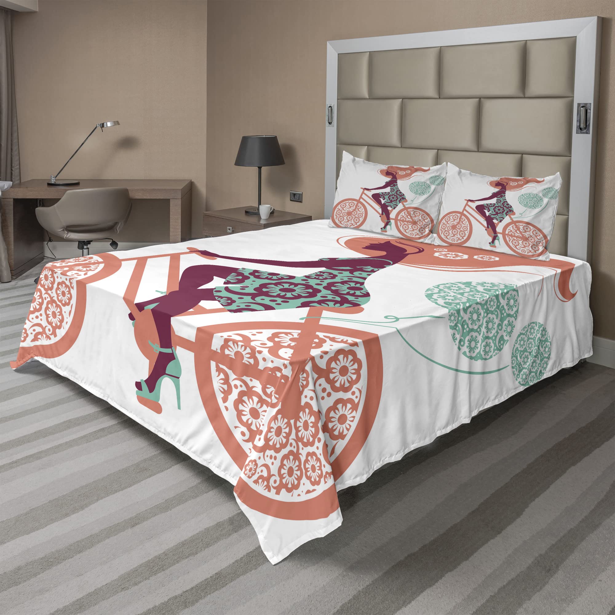 Ambesonne Floral Bed Sheet Set 4-Piece - King Size, Coral & Seafoam - Vintage Bicycle Silhouette with Long Hair Girl Design - Fitted Sheet, Flat Sheet & 2 Pillowcases - Perfect for Boho Chic Bedroom, Guest Room or Dorm Decor