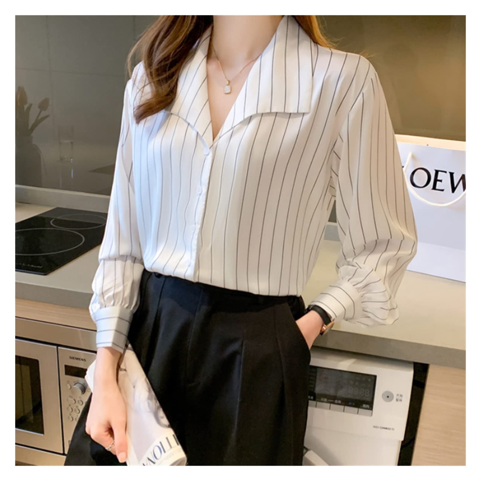 Elegant Vintage White Satin Stripe Long Sleeve Blouse for Women - Chiffon Button Up Shirt, Autumn Top (Color: White, Size: M) - Perfect for Office Wear, Date Nights & Special Occasions