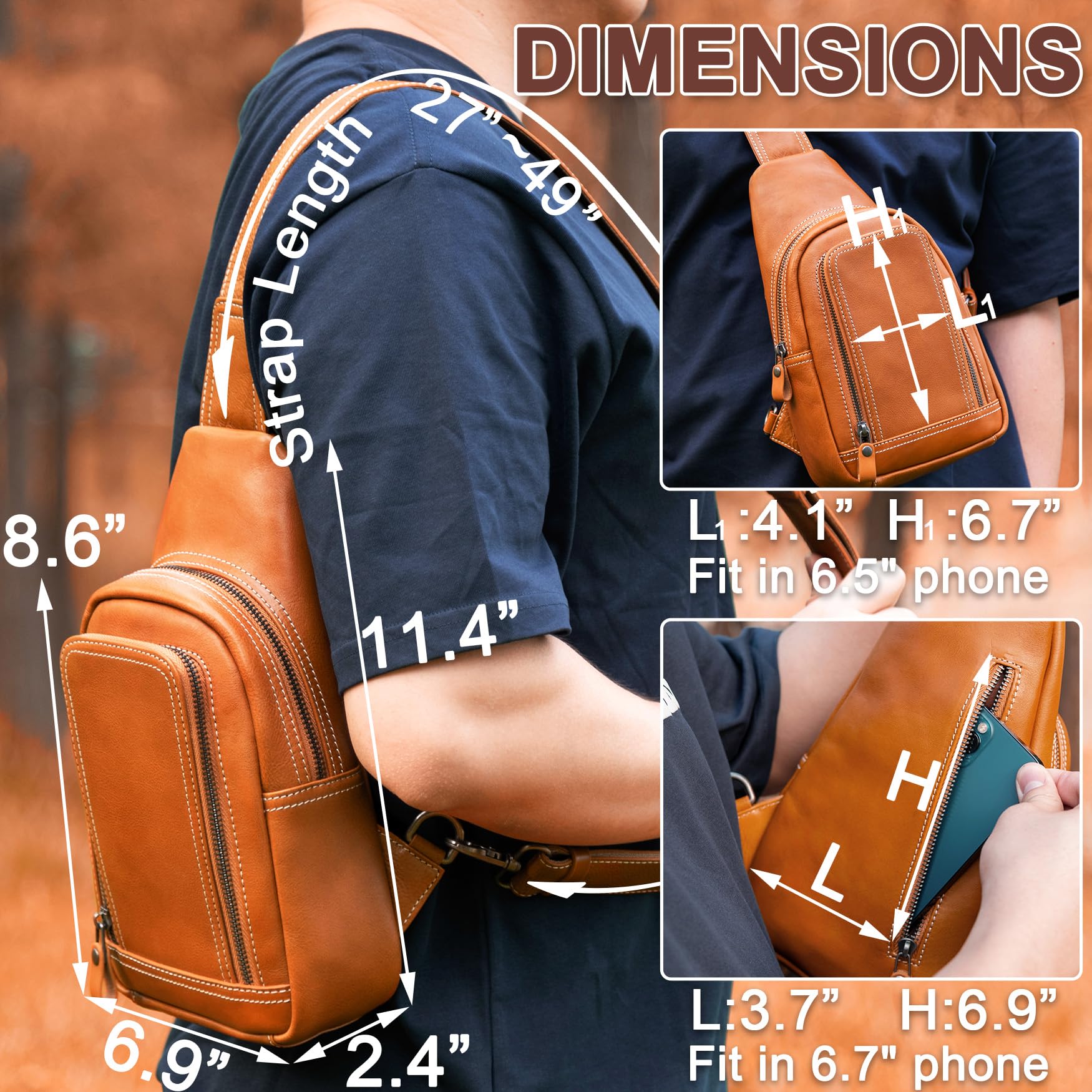 Genuine Leather Crossbody Sling Bag for Men & Women - Adjustable Shoulder Strap Chest Purse - Perfect for Travel, Hiking, Work & Daily Use