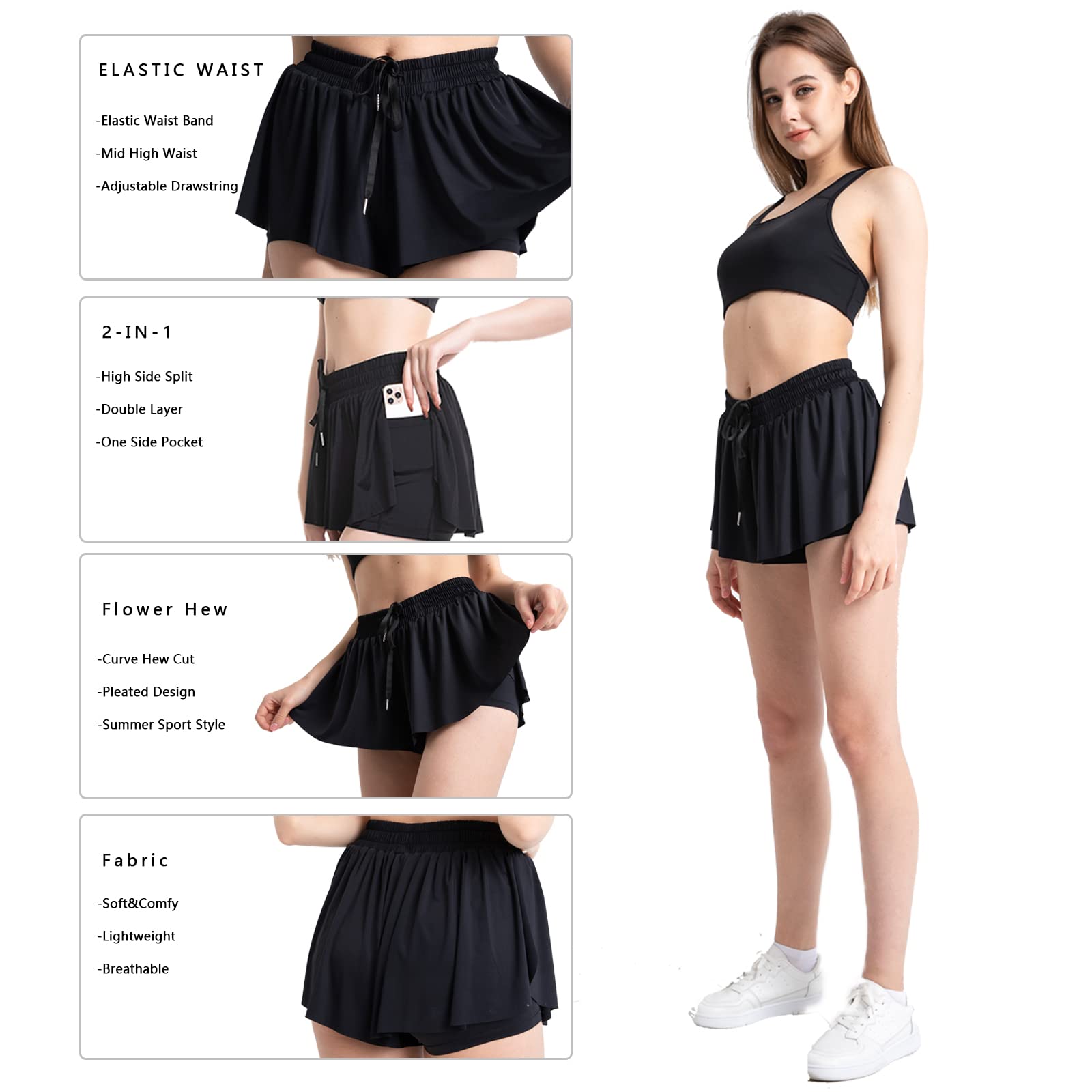Blostirno Women's 2-in-1 Athletic Shorts with Skirt - High Waist Running Yoga Workout Shorts with Pockets & Drawstring - Breathable Summer Gym Shorts for Women - Perfect for Jogging, Yoga Class & Outdoor Activities