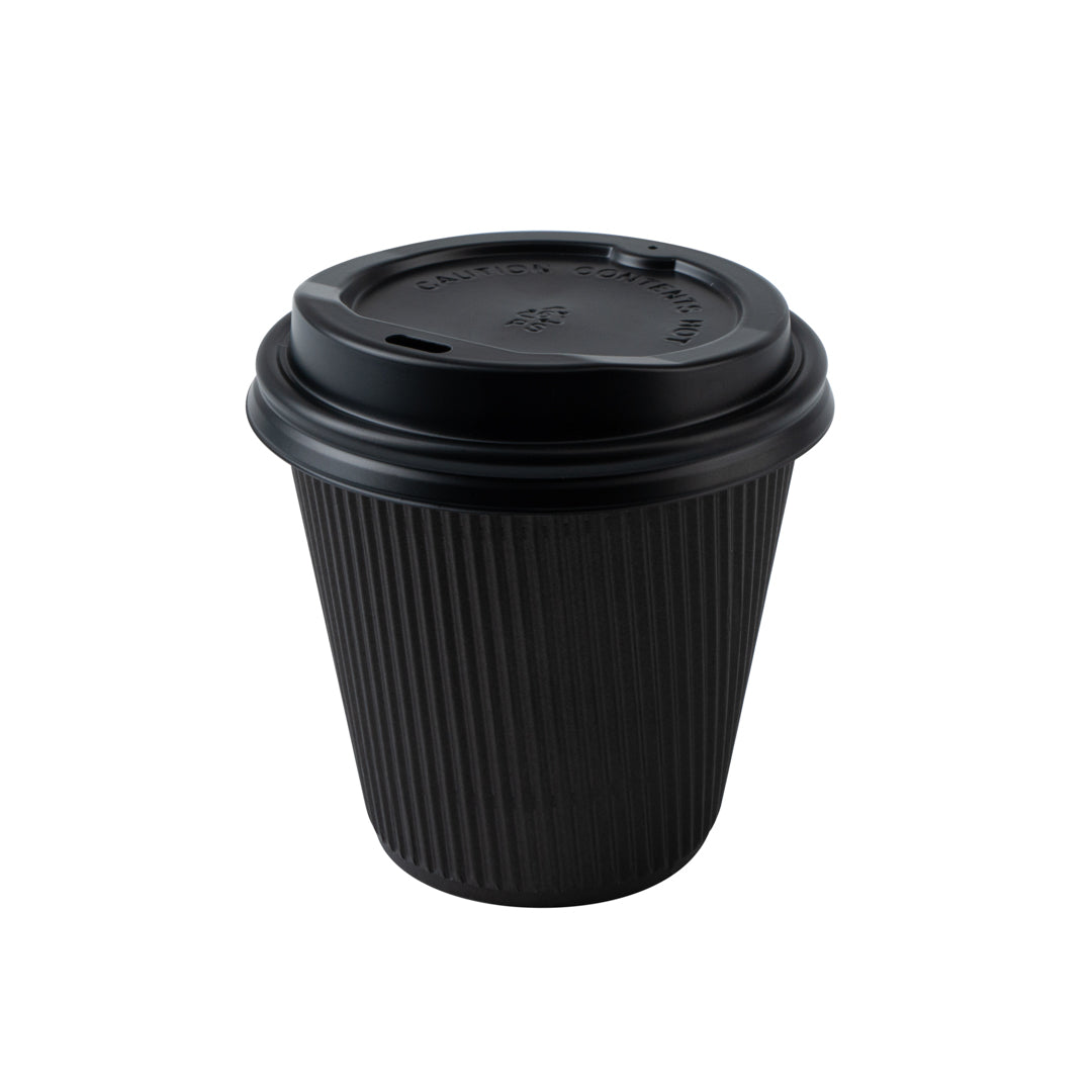 8 oz Black Ripple Wall Paper Coffee Cups with Lids - 20 Count Bulk Pack (3.5