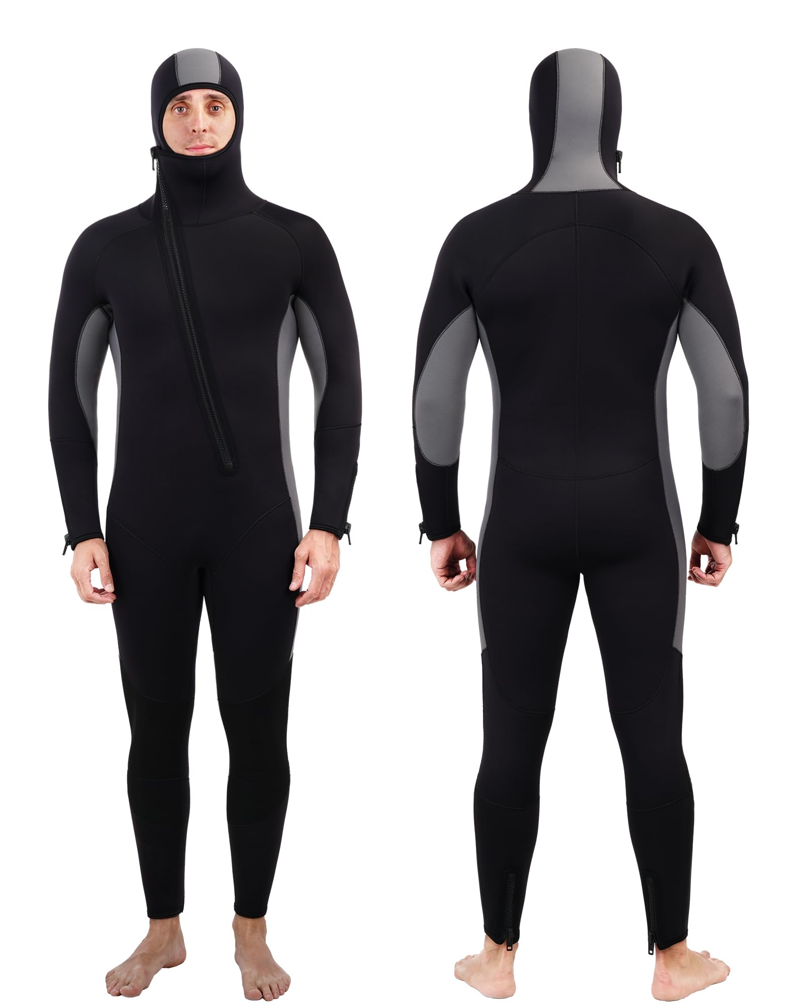 5mm Neoprene Men's Wetsuit with Hood - Full Body One Piece Thermal Spearfishing Suit - Front Zipper for Easy Wear - Cold Water Protection for Surfing, Swimming, Diving & Snorkeling - Ideal for Winter Water Sports and Marine Activities
