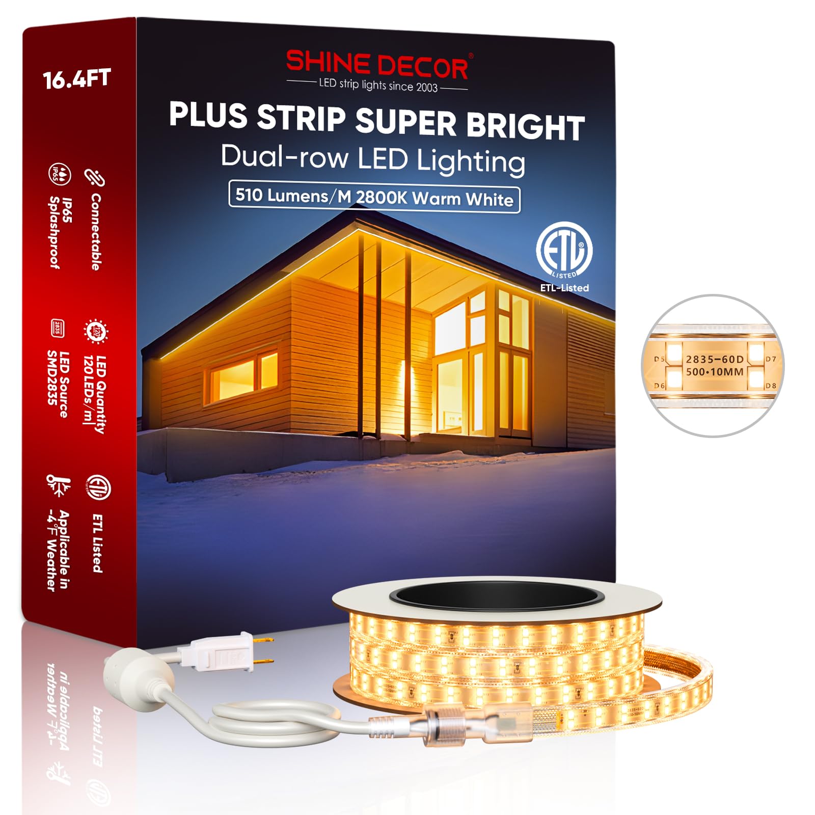 Shine Decor Bright Plus LED Rope Lights 16FT - 2550 Lumens, 120V, Dimmable & Connectable, 2800K Warm White - IP65 Waterproof & Cold Resistant for Outdoor & Indoor Use - Perfect for Ceiling Lighting, Patio, Garden, and Holiday Decor - ETL Certified