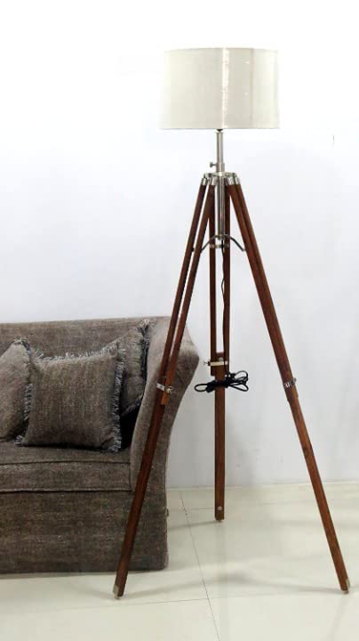 NauticalMart Natural Wood Tripod Floor Lamp - Adjustable Height Rustic Home Decor Lighting for Living Room, Bedroom & Office