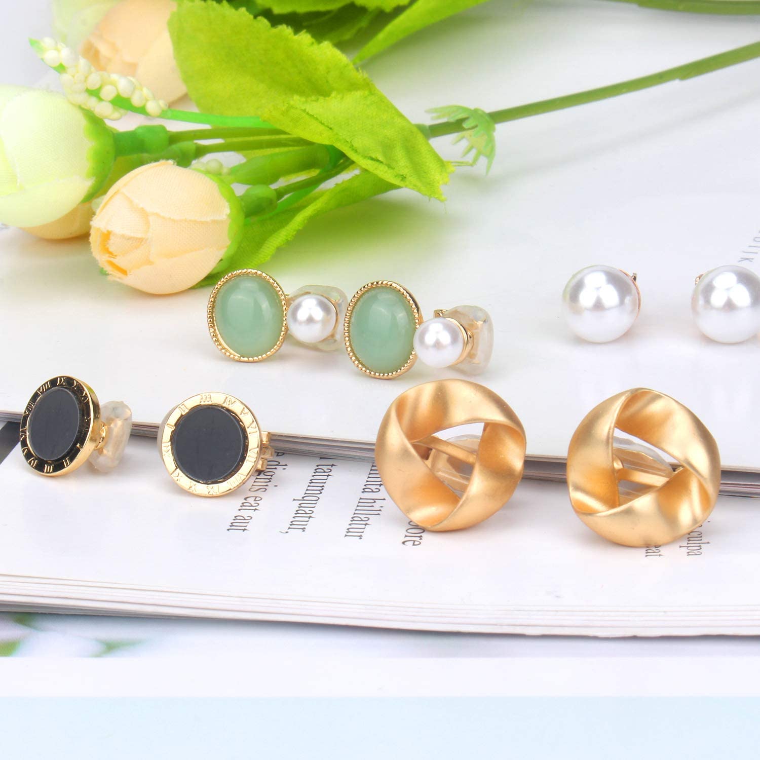 8 Pairs Clip On Earrings for Women - Non Pierced Rose Flower CZ Pearl Twist Knot Jewelry Set | Hypoallergenic Fashion Earrings for Parties, Weddings & Daily Wear