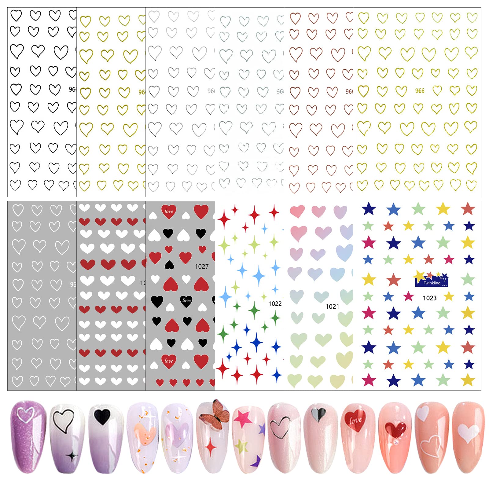 12 Sheets 3D Heart & Star Nail Art Stickers - Self-Adhesive Nail Decals for Women (Gold, Silver, Black, White) - Perfect for Valentine's Day, Prom, Parties & Nail Salon Decorations