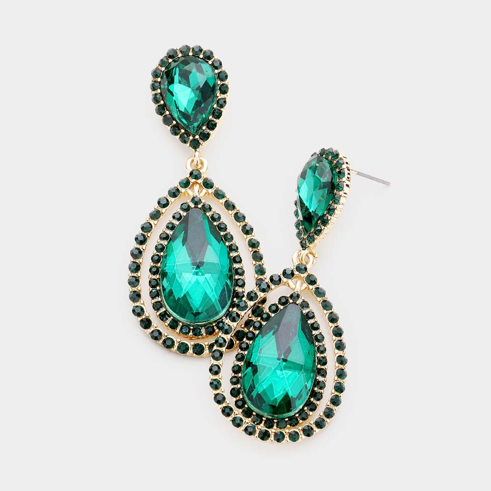 Emerald Double Surrounded Teardrop Earrings - 14K Gold Plated Dangle Earrings for Women | Elegant Jewelry Gift for Wedding, Party & Special Occasions