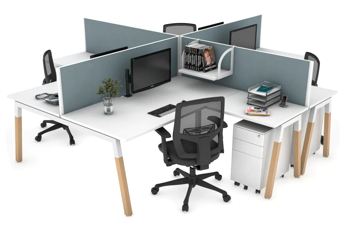 Quadro Wood A Legs Cross Beam 4-Person Corner Workstation Desk - 1600L x 1800W with Cable Management Scallop - Perfect for Office, Home Workspace & Collaborative Environments