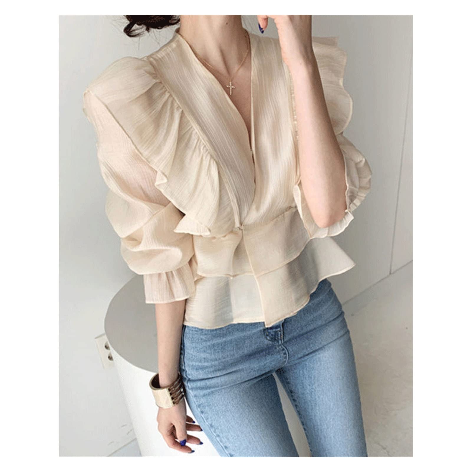WALNUTA Women's Korean Style Lantern Sleeve V-Neck Chiffon Blouse - Lightweight Summer Casual Top for Work, Date Night & Vacation