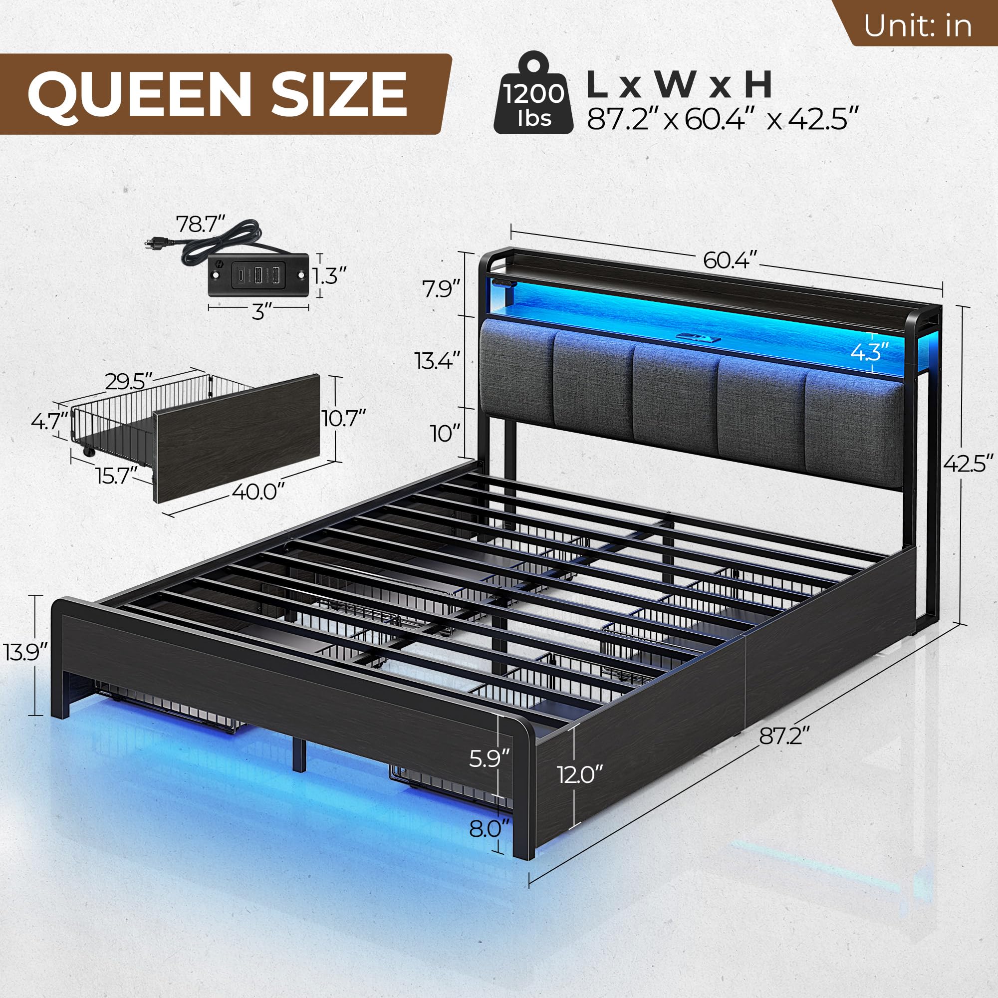 Rolanstar Queen Size Bed Frame with USB Charging Station, LED Lights & Storage Headboard - Heavy Duty Metal Slats, No Box Spring Needed, Noise Free & Easy Assembly - Dark Grey Upholstered Bed for Modern Bedrooms, Guest Rooms & Small Apartments