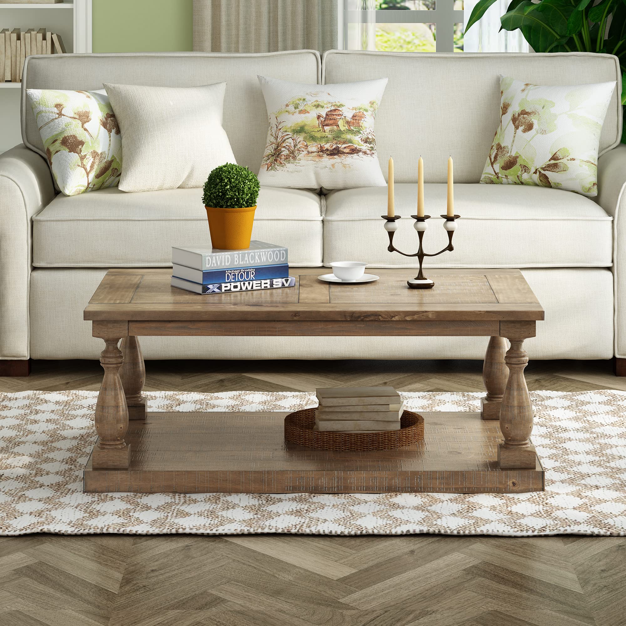 Vintage Solid Pine Wood Coffee Table with Hand-Turned Baluster Columns & Storage Shelf - Rustic Living Room & Office Furniture (Walnut Finish) - Perfect for Small Spaces, Home Decor & Entertaining Guests