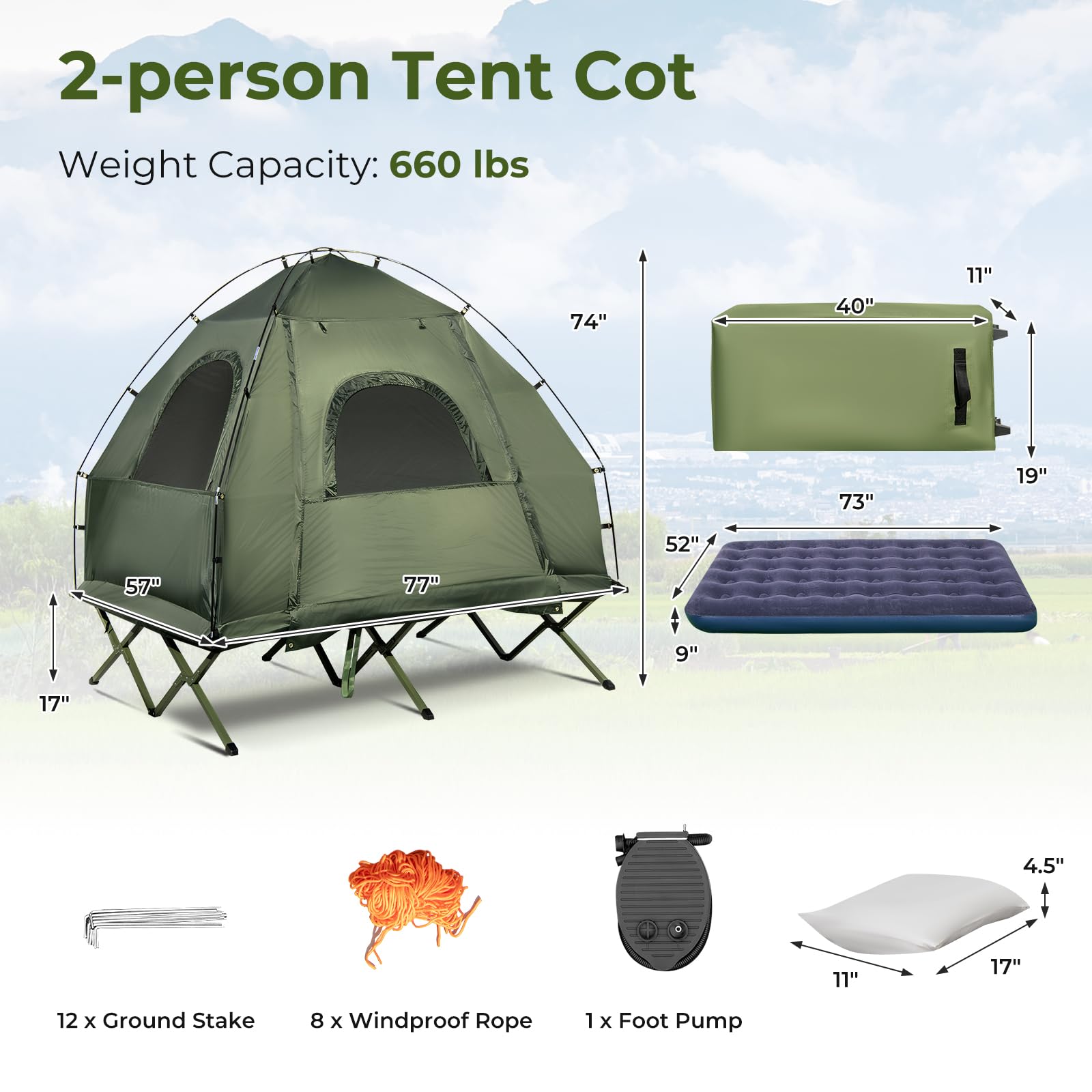 GYMAX 5-in-1 Folding Tent Cot with Mattress & Pillows - Portable Elevated Camping Bed with Sunshade and Carrying Bag - Perfect for Outdoor Adventures, Hiking, Fishing, Picnics and Backyard Camping