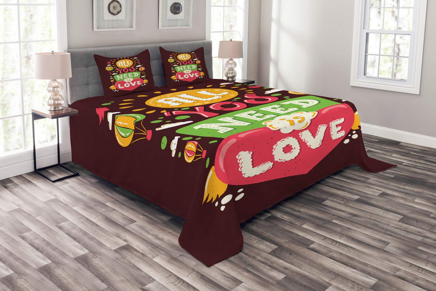 Ambesonne All You Need is Love King Size Bedspread Set - Modern Hipster Design with Clouds & Hot Air Balloons - 3 Piece Quilted Coverlet & 2 Pillow Shams - Multicolor Bohemian Bedding for Master Bedroom, Guest Room & Dorm Decor