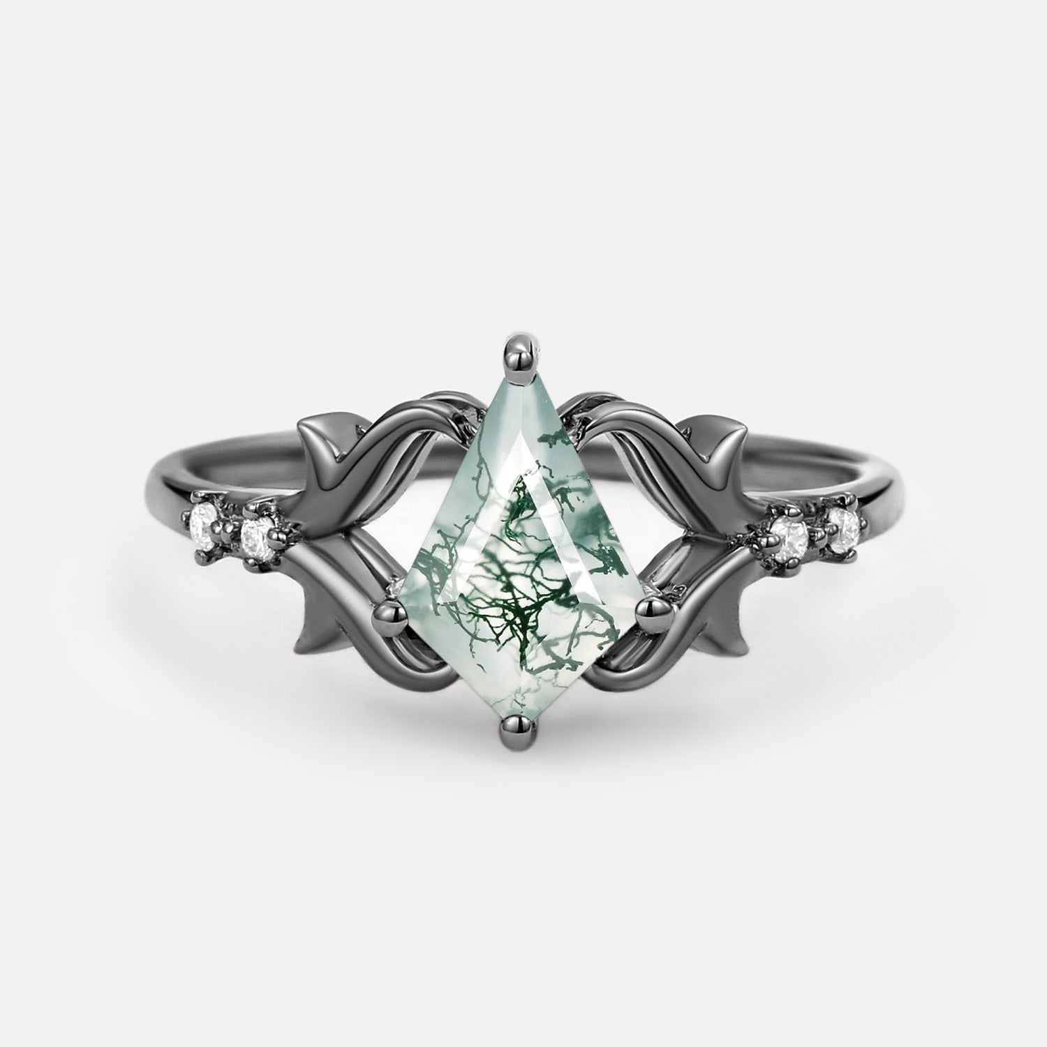 Exquisite Kite-Cut Moss Agate Engagement Ring with Delicate Tendril Design - Perfect for Proposals, Anniversaries & Romantic Occasions
