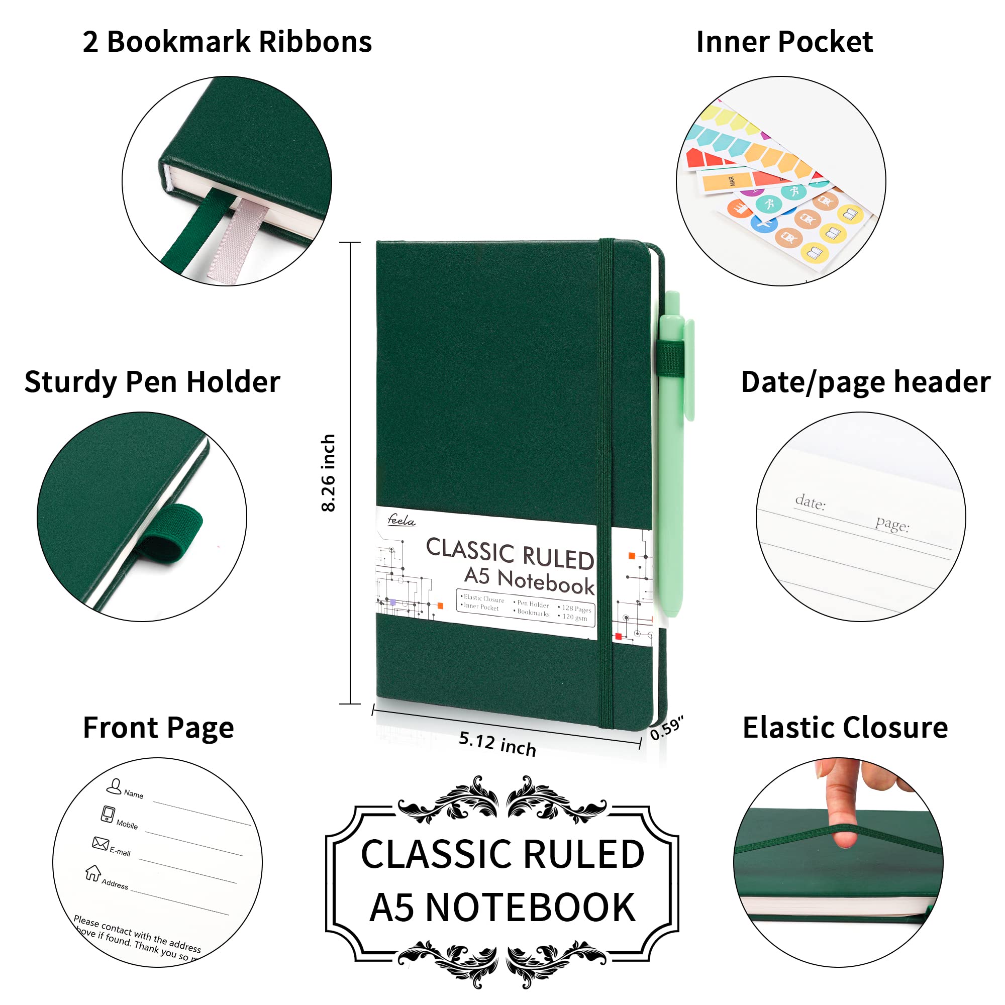 Premium 24-Pack Hardcover Lined Notebooks for Work & Business - A5 Size (5.1”x8.3”) with Pen Holder, 120 GSM Thick Paper - Bulk Journals for Note Taking, Office & School Supplies - Includes 24 Black Pens (Dark Green) - Perfect for Professionals, Students & Daily Planning
