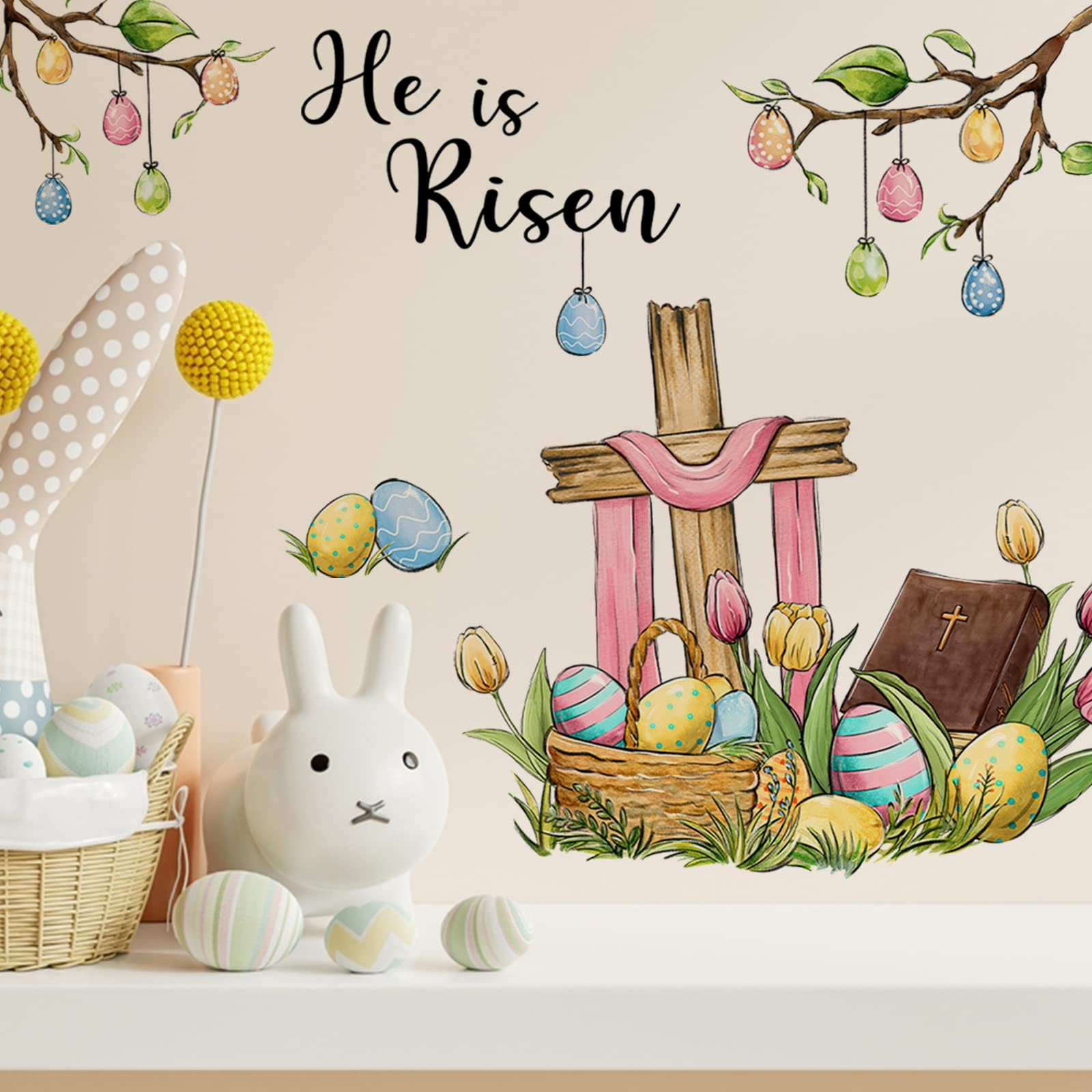 Yovkky Easter Wall Decals - He is Risen Christian Cross Bible Quote Stickers for Home, Bedroom & Living Room Decor | Religious Spring Tulip & Egg Designs for Kitchen, Faith Art | Perfect for Easter Celebrations, Church Events & Holiday Home Decorating
