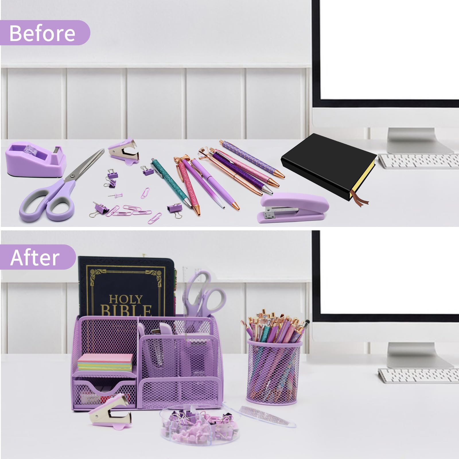 12-Piece Purple Desk Organizer Set with Pen Holder, Tape Dispenser, Stapler, Scissors, Ruler & Staple Remover - Stylish Office & School Supplies for Women - Perfect for Home Workspace, Classroom Organization & Gift Giving