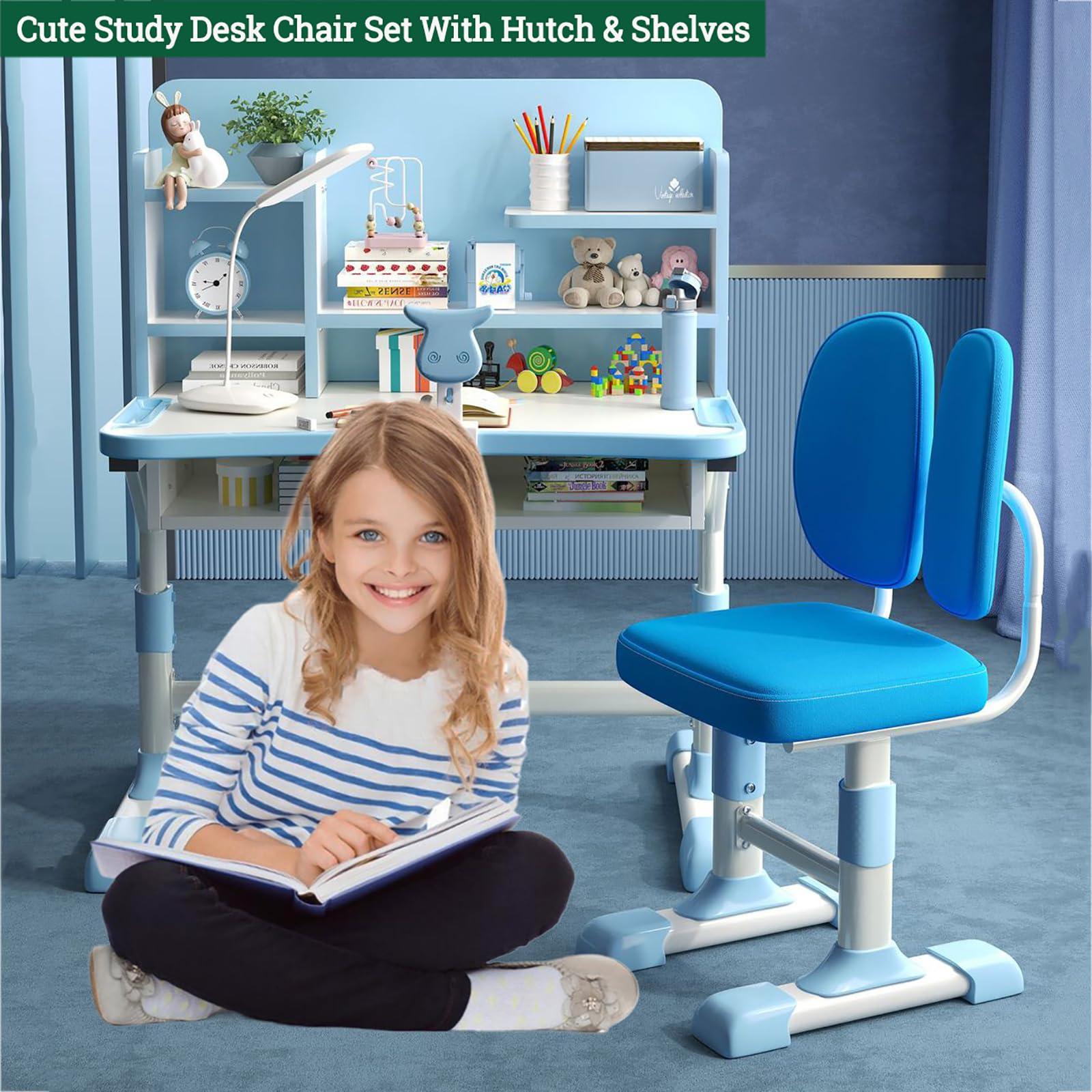 Kids Wooden Study Desk and Chair Set with Drawer & Bookshelf Hutch - Ergonomic Writing Computer Workstation for Boys & Girls (31.5