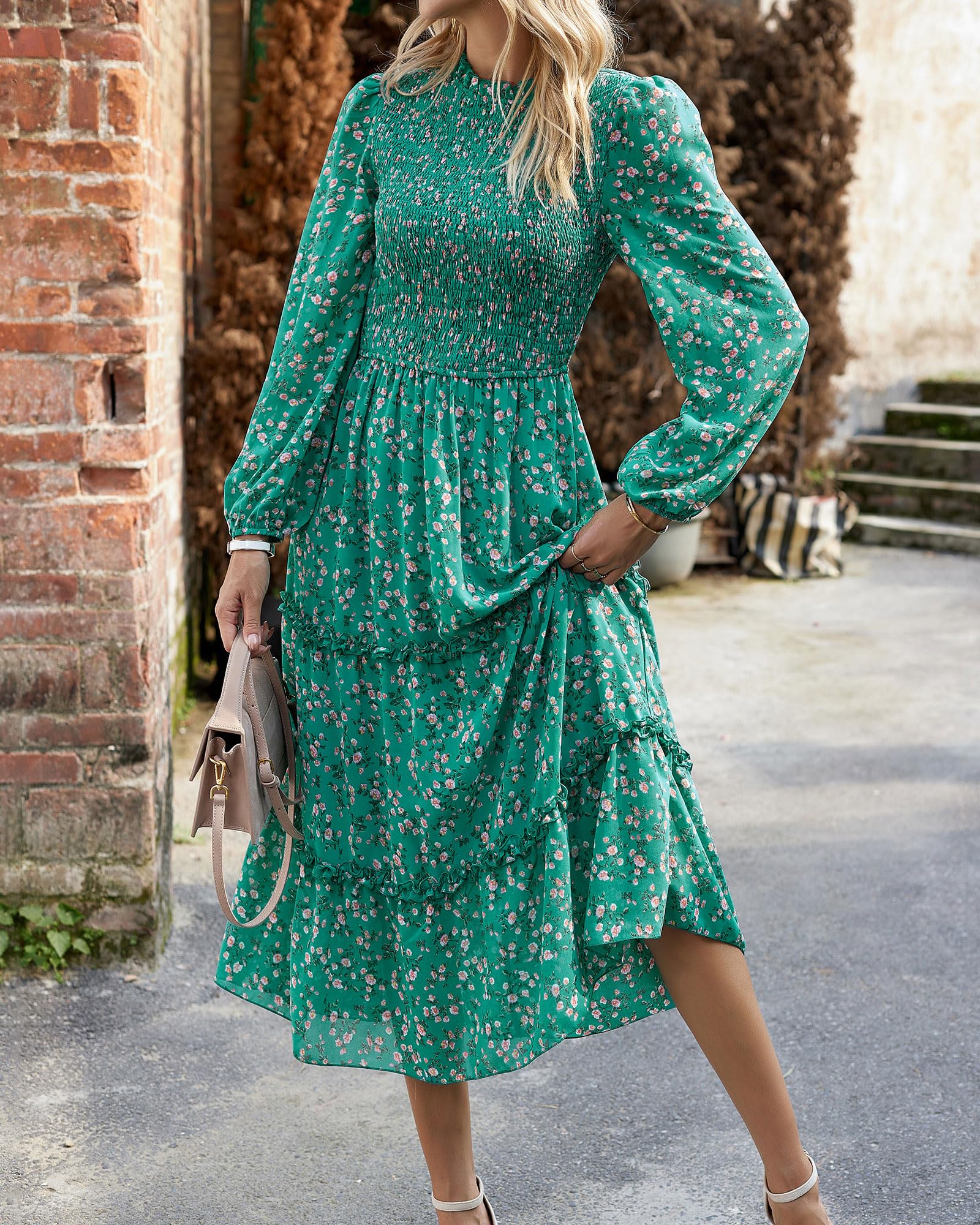 NOLLSOM Women's Floral Boho Maxi Dress - Long Sleeve Crew Neck A-Line Flowy Wedding Guest Dress for Spring 2025 | Perfect for Casual Wear, Beach Vacations & Special Occasions