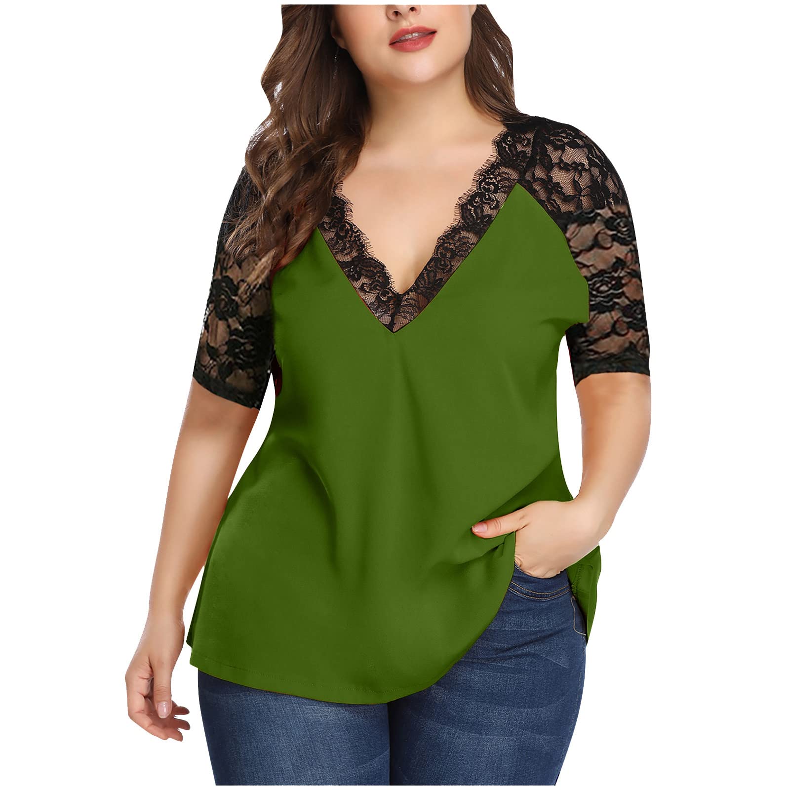 Plus Size Women's Casual Half Sleeve Lace V-Neck T-Shirt - Summer Solid Color Net Yarn Top for Everyday Wear | Perfect for Office, Dating & Weekend Outfits