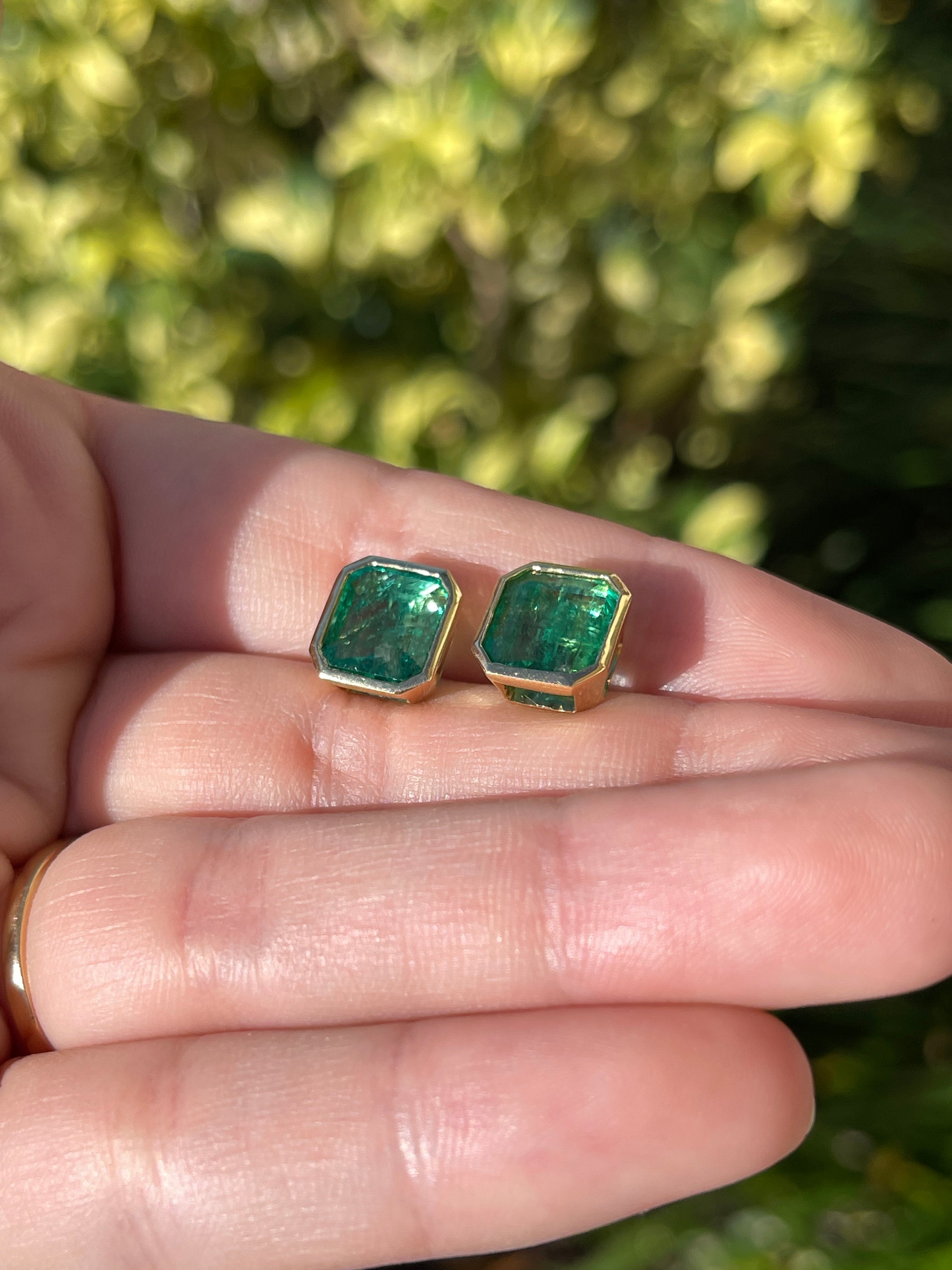 5.60tcw Classic Asscher Cut Emerald Bezel Stud Earrings in 18K Gold - Elegant Jewelry for Weddings, Parties & Special Occasions