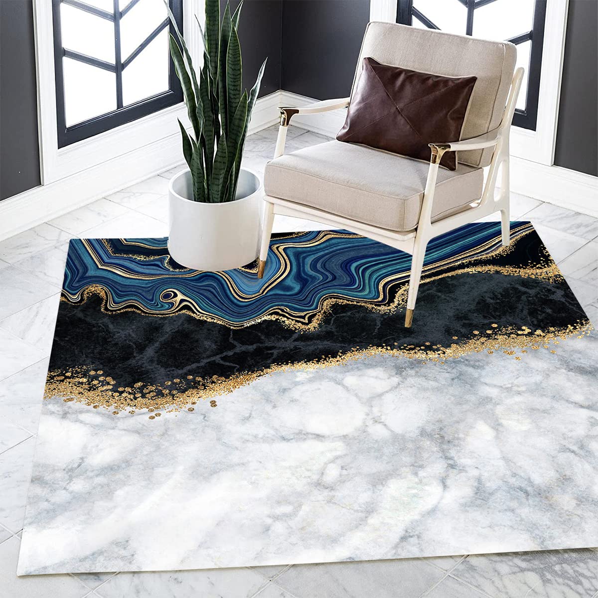 Modern Square Marble Pattern Area Rug 8x8 Feet - Washable Soft Thick Abstract Carpet in White Blue Gold for Living Room, Bedroom, Dining Table, Home Office - Boho Chic Floor Covering Runner Mats | Perfect for Contemporary Decor, Cozy Spaces & High-Traffic Areas