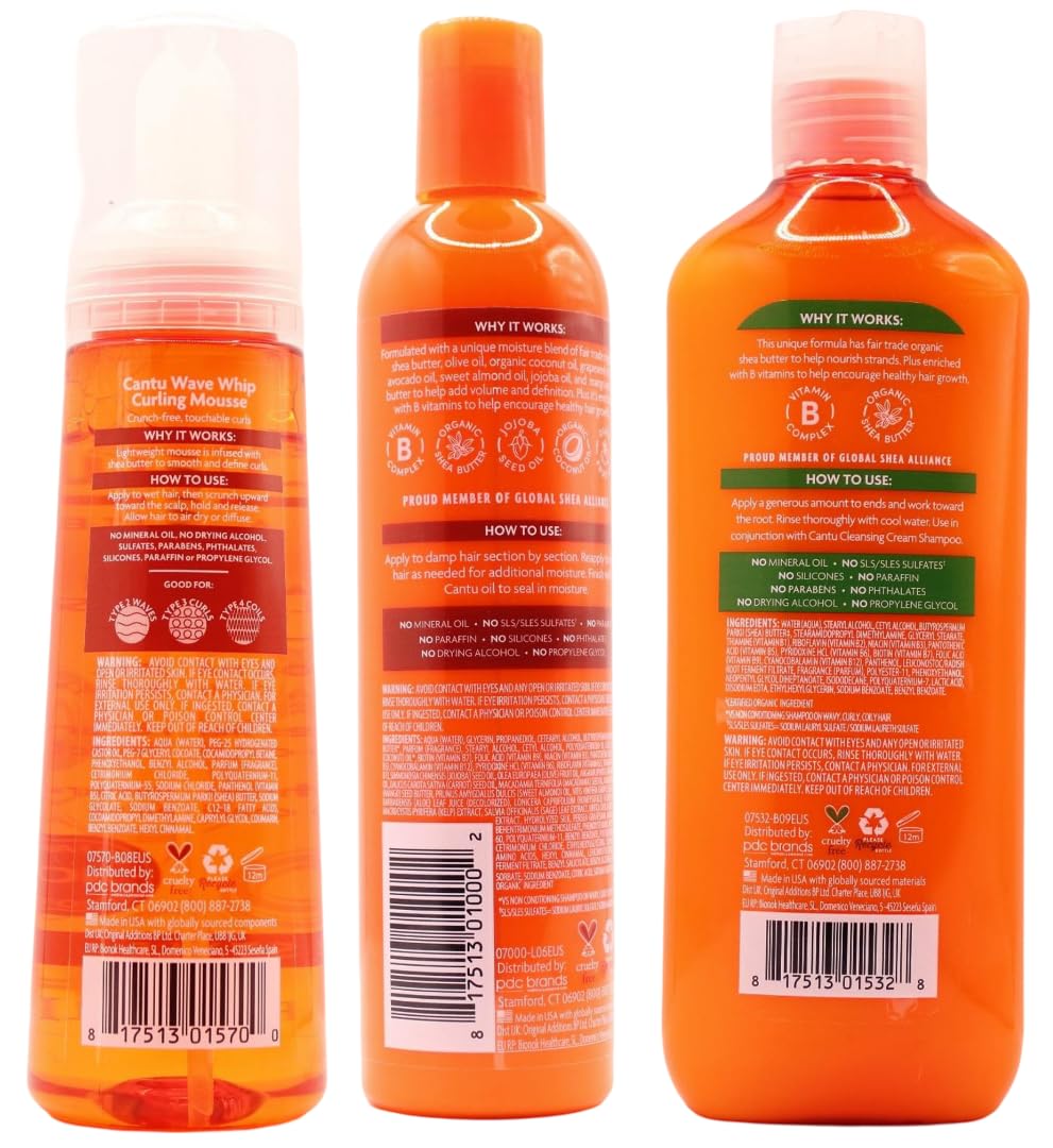 Cantu Shea Butter Moisturizing Curl Activator Cream, Wave Whip Curling Mousse & Hydrating Cream Conditioner Set (3-Piece Combo) for Natural Hair Care & Defined Curls – Perfect for Daily Styling & Frizz Control